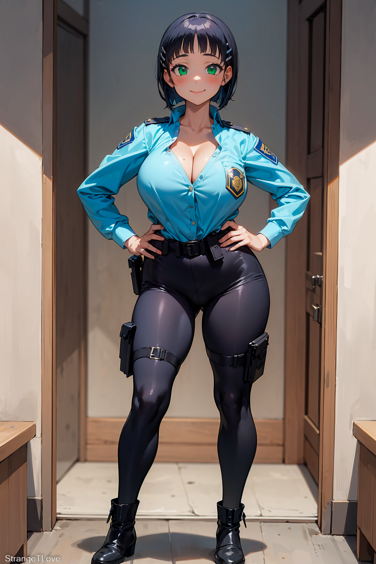 ai generated, alternate costume, black hair, breasts, cleavage, female, green eyes, hair clips, hands on hips, kirigaya suguha, large breasts, looking at viewer, police uniform, policewoman, short hair, smile, solo female, strangetlove, sword art online, tight pants, watermark