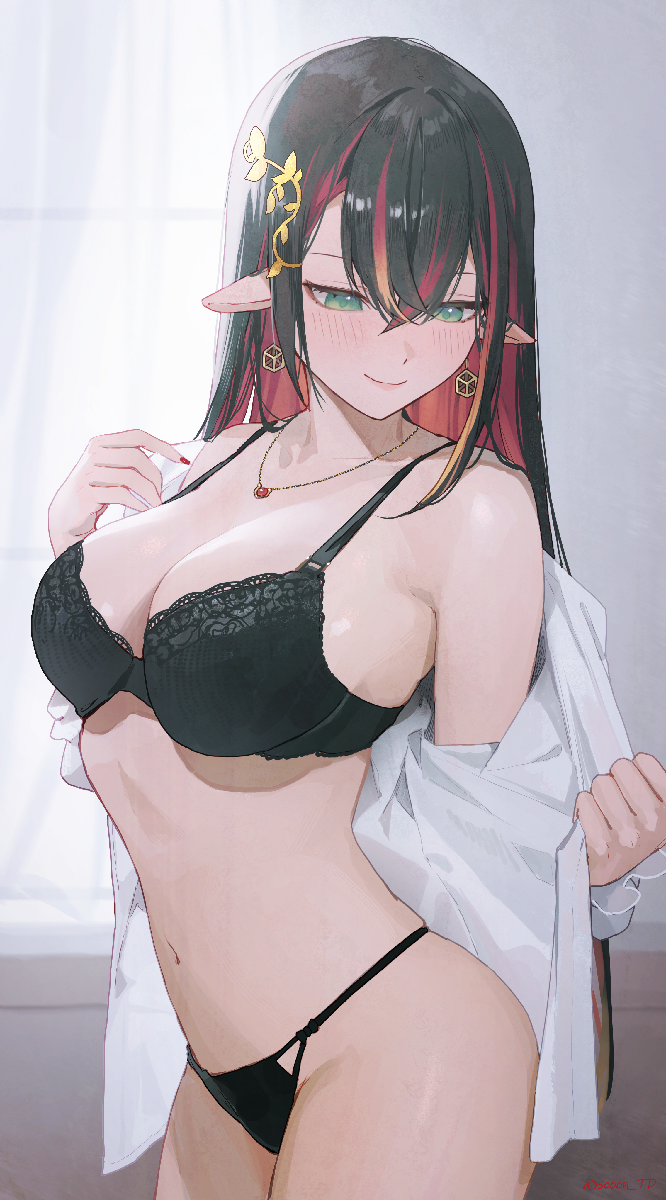 absurd res, absurdres, arms, ass, bare midriff, bare shoulders, bare skin, bare thighs, belly, belly button, black bra, black hair, black panties, black underwear, black-haired female, blush, blush lines, bra, breasts, cleavage, closed mouth, collarbone, colored inner hair, commentary request, commission, cowboy shot, crossed bangs, earrings, female, female focus, female only, fingernails, fingers, g-string, green eyes, green-eyed female, groin, hair between eyes, hair ornament, hands, high resolution, highres, hourglass figure, jewelry, lace, lace trim, lace-trimmed bra, large breasts, light skin, light-skinned female, lingerie, lips, long hair, looking down, medium breasts, midriff, multicolored hair, nail polish, naked, navel, neck, necklace, nude, original, panties, pointy ears, red fingernails, red hair, red nails, red-haired female, shirt, shoulders, sideboob, skeb commission, slender body, slender waist, slim female, slim waist, smile, solo, sooon, standing, stomach, streaked hair, taking clothes off, thighs, thin waist, thong, two-tone hair, underwear, underwear only, undressing, very long hair, waist, white shirt