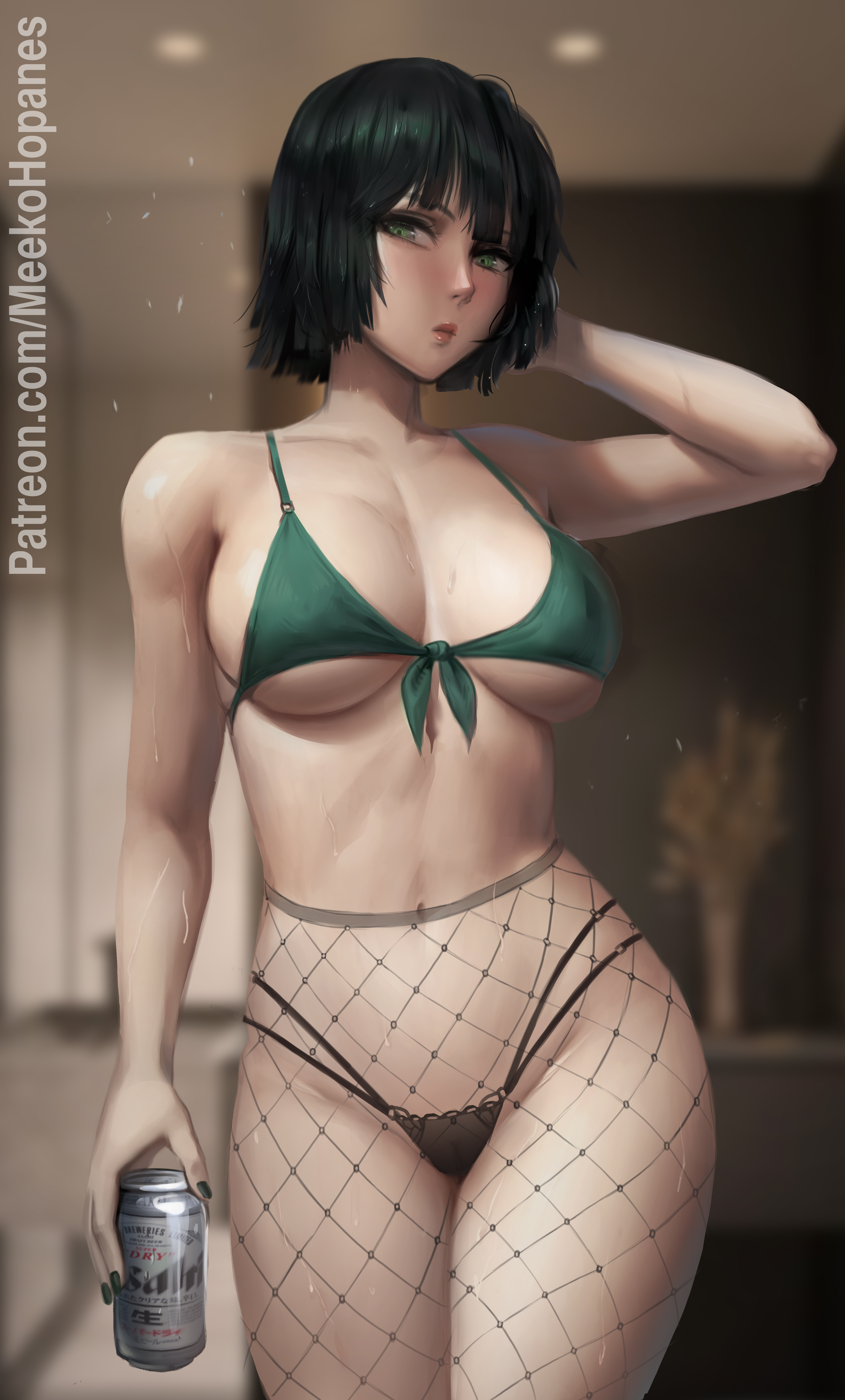 1girls, absurd res, areola, areolae, arm up, bangs, bare shoulders, beer, beer can, belly, belly button, big breasts, bikini top, blush, bob cut, breasts, busty, cameltoe, cleavage, collarbone, curvaceous, curvy, curvy body, curvy female, curvy figure, dark green hair, dark hair, eye contact, eyelashes, female, female focus, female only, fishnets, fringe, front view, fubuki (one-punch man), green eyes, green hair, groin, hand on head, heroine, highres, hips, hourglass figure, large breasts, legs, legs together, lips, lipstick, looking away, medium hair, meekohopanes, nails, navel, necklace, nipples, one-punch man, open mouth, pantyhose, pink lips, pink lipstick, pose, pussy, short hair, slim, slim waist, solo, solo focus, stomach, thick legs, thick thighs, thighs, thin waist, toned, toned body, toned female, toned stomach, topwear, vagina, voluptuous