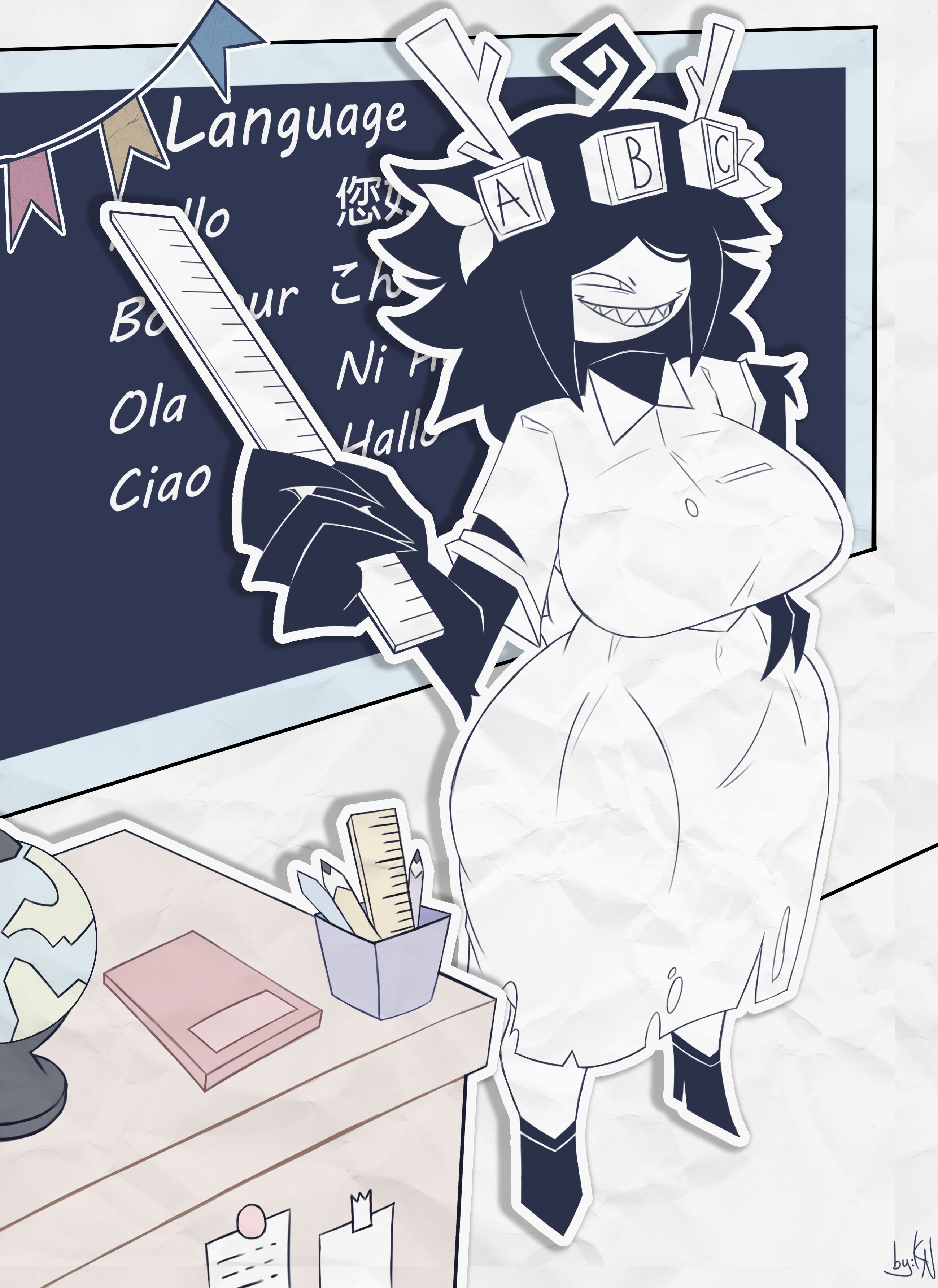 big ass, big breasts, black hair, breasts, female, fundamental paper education, horns, kayl, miss thavel (fundamental paper education), short hair, white body