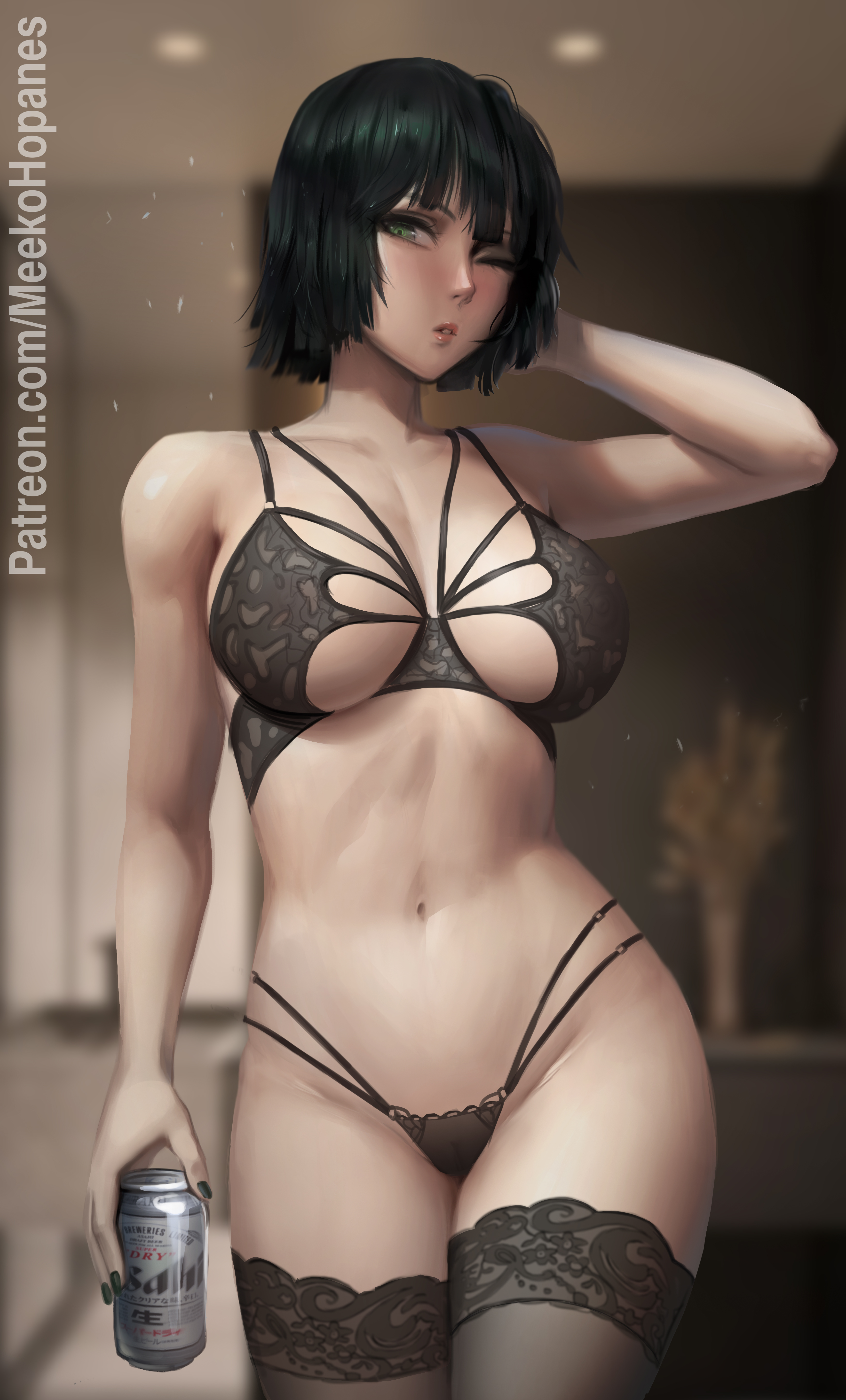 1girls, absurd res, areola, areolae, arm up, bangs, bare shoulders, beer, beer can, belly, belly button, big breasts, blush, bob cut, breasts, busty, cameltoe, cleavage, collarbone, curvaceous, curvy, curvy body, curvy female, curvy figure, dark green hair, dark hair, eye contact, eyelashes, female, female focus, female only, fringe, front view, fubuki (one-punch man), green eyes, green hair, groin, hand on head, heroine, highres, hips, hourglass figure, large breasts, legs, legs together, lips, lipstick, looking away, medium hair, meekohopanes, nails, navel, nipples, one eye closed, one-punch man, open mouth, pink lips, pink lipstick, pose, pussy, see-through, see-through clothing, short hair, slim, slim waist, solo, solo focus, stomach, thick legs, thick thighs, thighhighs, thighs, thin waist, toned, toned body, toned female, toned stomach, vagina, voluptuous, wide hips