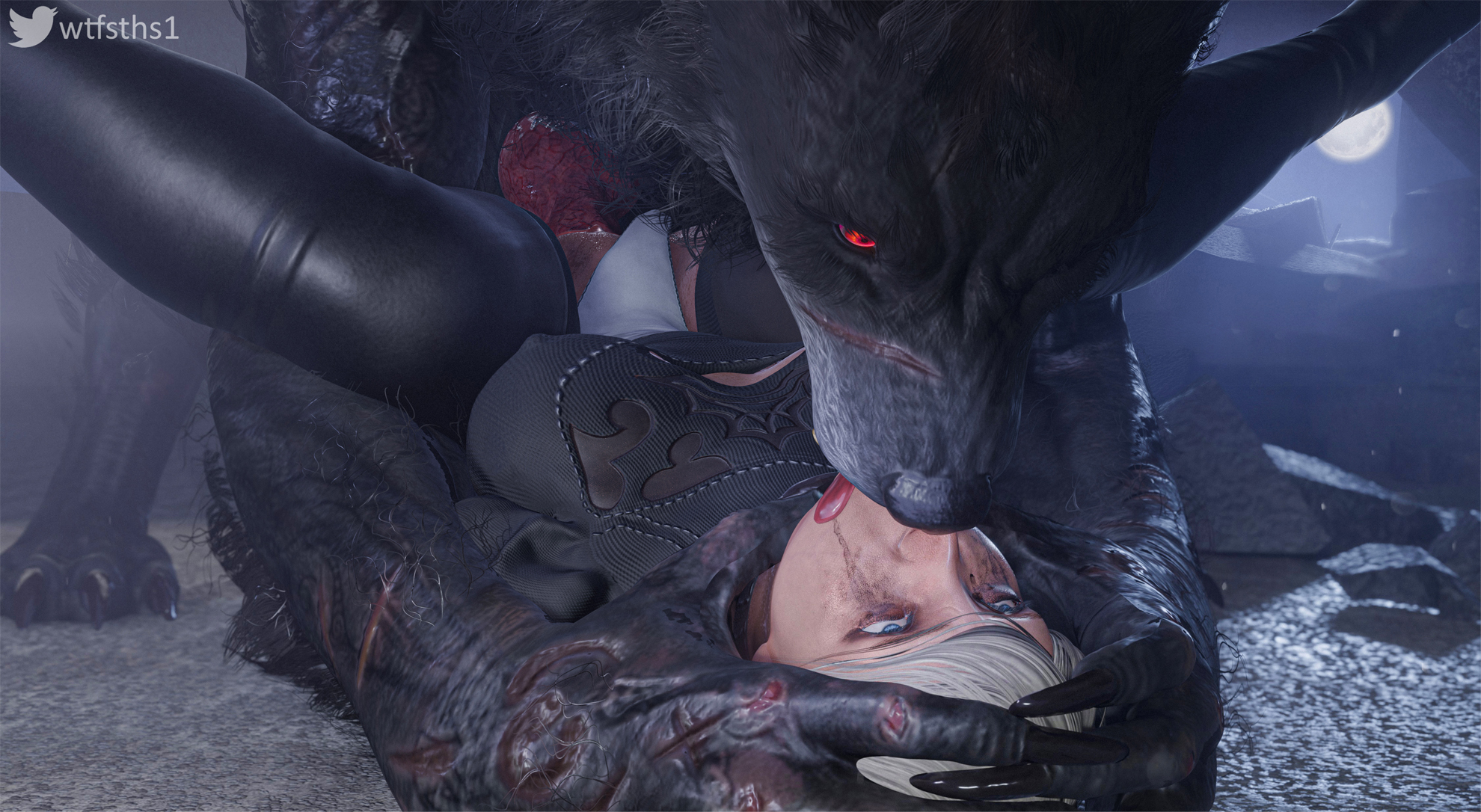 1boy, 1girls, 3d, 3d (artwork), android, android girl, anthro, anthro dominating human, anthro penetrating, anthro penetrating human, balls, ballsack, beaten, big breasts, blue eyes, body fur, breasts, broken rape victim, building, canine, canine on human, canine penis, captured, captured heroine, clothed sex, crying, crying with eyes open, defeated, defeated heroine, eyes rolling back, female, femsub, forced kiss, fucked silly, full moon, hands on head, head grab, high heel boots, human, human female, human penetrated, interspecies, kissing, kissing while penetrated, knot, large breasts, light skin, light-skinned female, male, male anthro/female human, mascara, mascara smear, mascara tears, mating press, missionary position, monster cock, monster rape, moon, moonlight, nier (series), nier: automata, nipples visible through clothing, on back, panties aside, penis, pinned, pinned down, pussy, rape, red eyes, restrained, rolling eyes, scar, scars, sex, sex slave, spread legs, straight, submissive human, teratophilia, torogao, vaginal penetration, werewolf, wet, white hair, wtfsths, yorha 2b, zoophilia