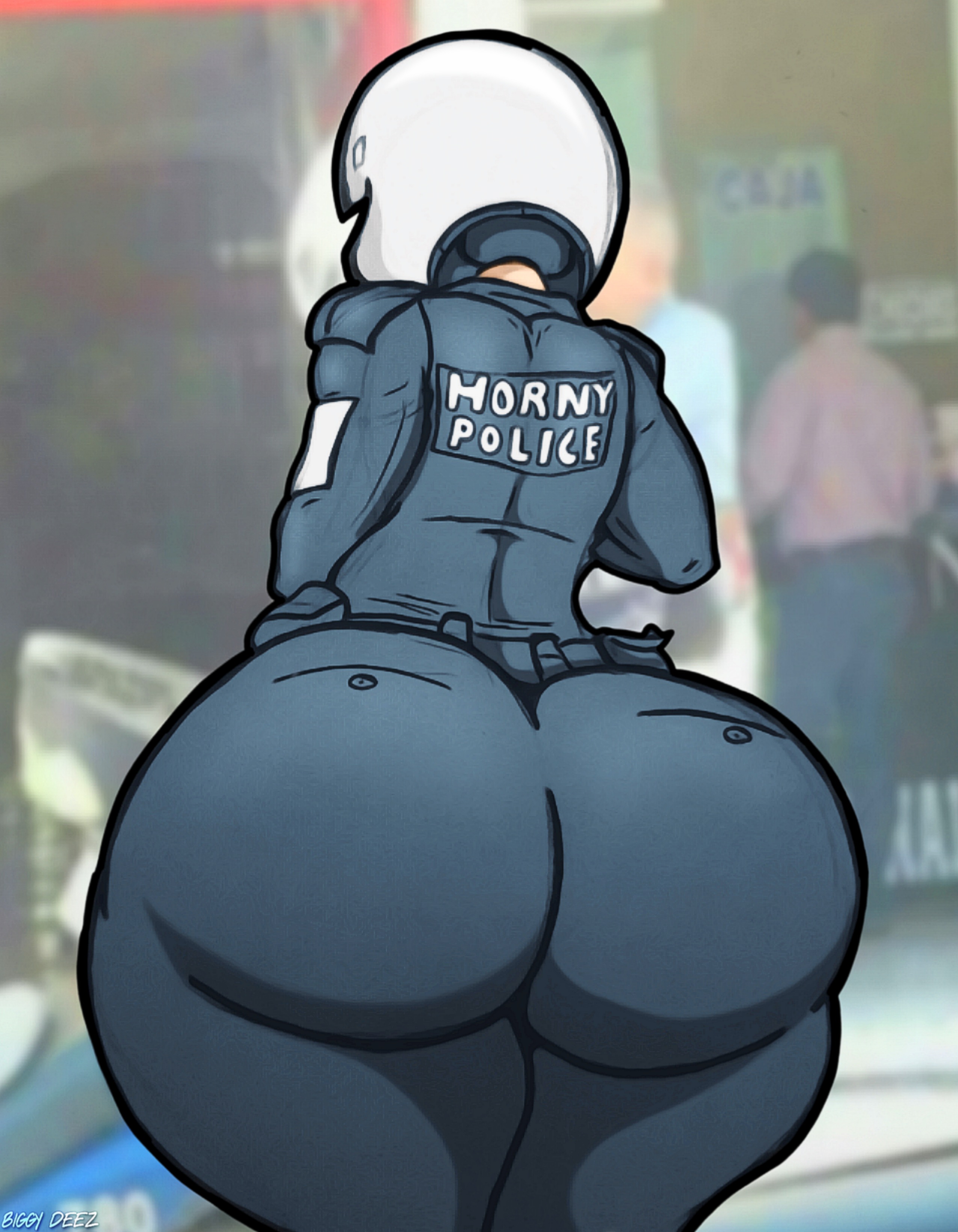 1girls, ass, big ass, biggy deez, bottom heavy, bubble ass, bubble butt, clothing, fat ass, female, female only, helmet, horny police, huge ass, large ass, motorcycle helmet, police, police uniform, policewoman, rear view, redraw, solo, thick ass, thick thighs, thunder thighs, wide hips