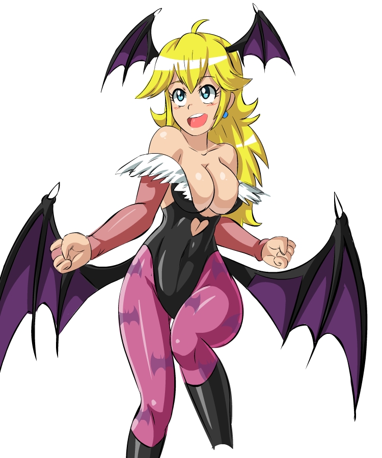 aqua_eyes bat_wings blonde_hair blush bocodamondo capcom cleavage cosplay covered_navel darkstalkers female highleg_leotard large_breasts leotard long_hair mario_(series) milf morrigan_aensland morrigan_aensland_(cosplay) nintendo princess_peach skin_tight smile tagme white_background wings