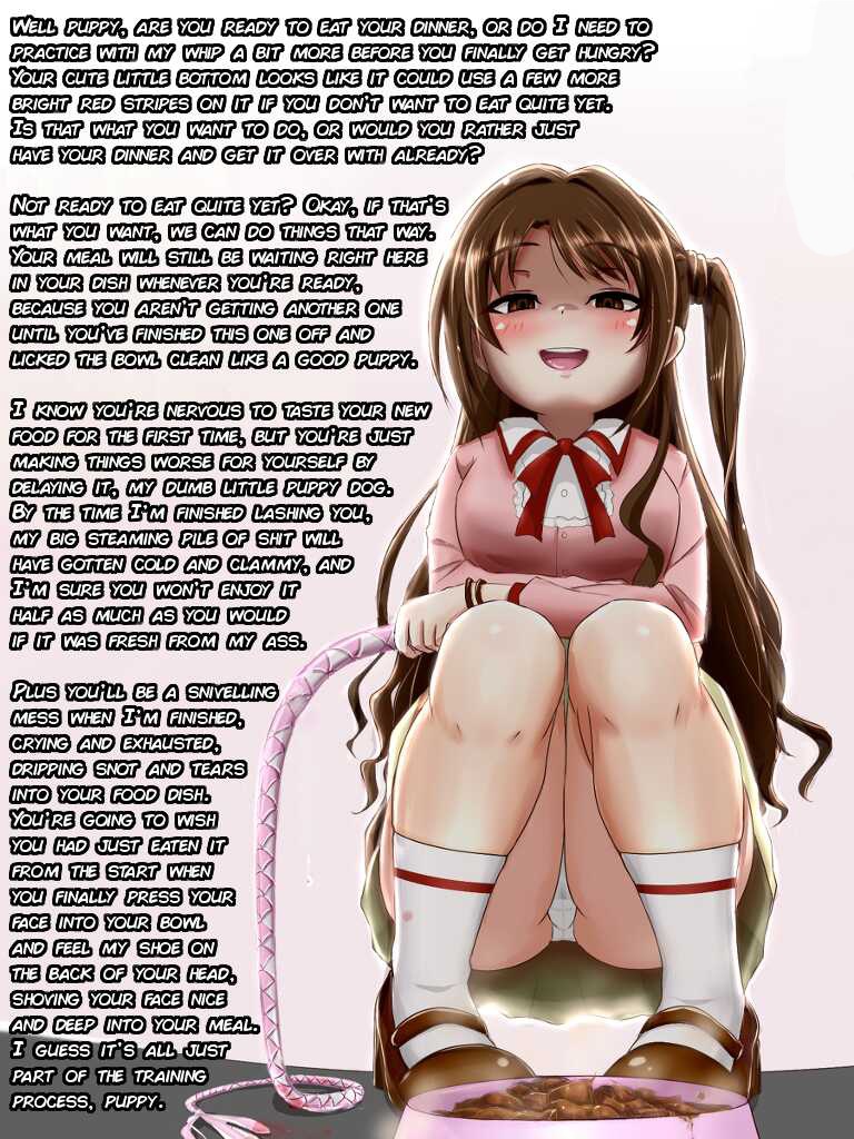 abuse abusive_relationship blushing brown_hair caption crouching crouching_female digital_drawing_(artwork) digital_media_(artwork) dominant_female edited edited_image english_text feces feces_on_plate female female_only femdom femenine girly girly_girl implied_scat_eating long_hair pantyshot pantyshot_(sitting) pink_clothes poop pov pov_eye_contact scat school_girl school_uniform schoolgirl schoolgirl_uniform shit shitpile short_skirt side_ponytail skirt slave smug smug_expression smug_face story story_in_picture unknown_artist unknown_character unknown_source whip white_background white_panties