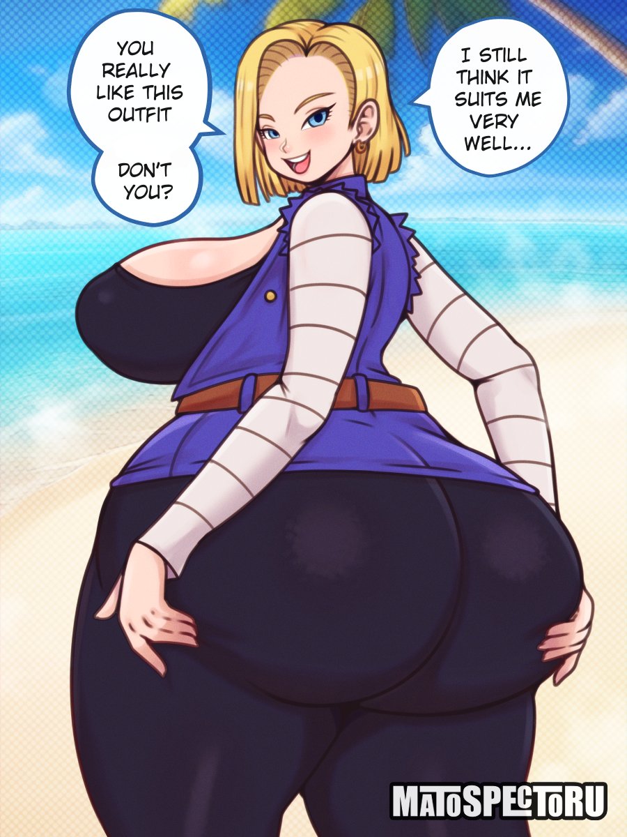 1girls, android 18, ass, beach, big ass, big breasts, big butt, blonde hair, blue eyes, breasts, cleavage, dragon ball, dragon ball z, earrings, fat ass, female, female only, grabbing, grabbing own ass, huge ass, large ass, large breasts, looking at viewer, looking back, matospectoru, open mouth, sideboob, solo, solo female, solo focus, talking to viewer, text, text bubble, thick ass, thick thighs, thighs