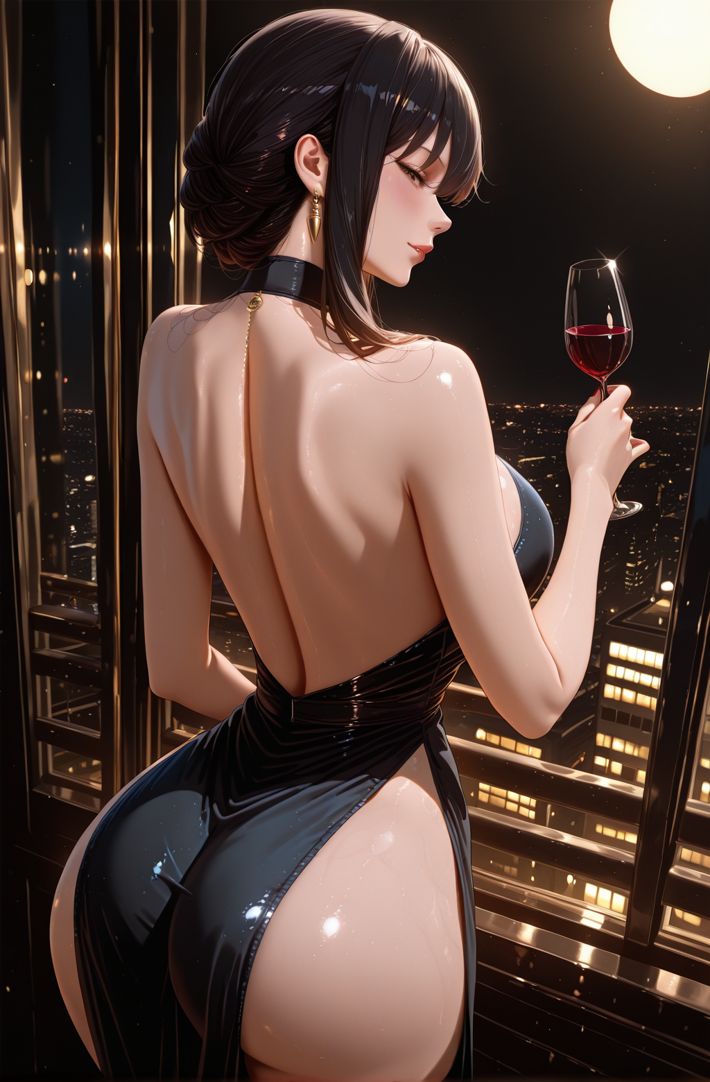 ai_generated back_view bare_legs bare_shoulders black_dress black_hair city city_background dress from_behind glass long_hair moon moonlight night open_back spy_x_family thigh_slit window wine wine_glass yor_forger