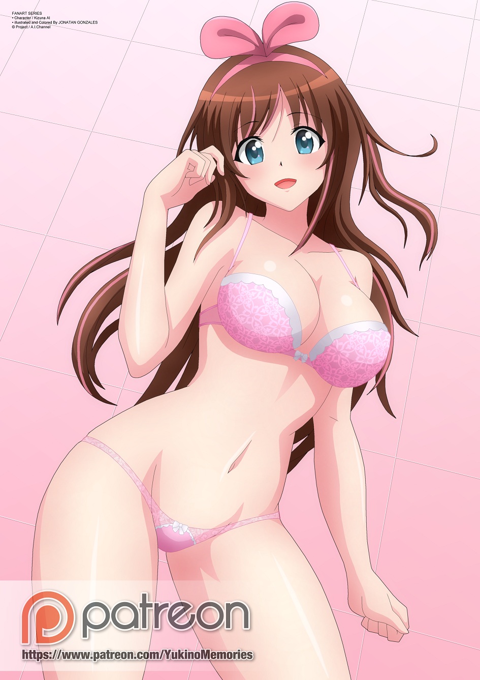 1girls big_breasts blue_eyes brown_hair female_focus female_only headband kizuna_ai looking_at_viewer pink_bra pink_panties ribbon simple_background thick_thighs virtual_youtuber youtube zel-sama