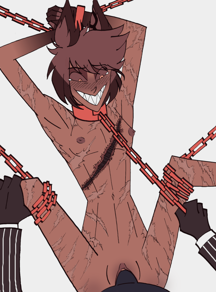 1cuntboy, 2boys, alastor (hazbin hotel), chains, clitoris, cuntboy, cuntboy penetrated, cuntboy/male, gay, hands behind head, hazbin hotel, intersex, male, nonconsensual, penis, penis in pussy, pussy, rape, vaginal penetration, vaginal sex, vox (hazbin hotel), yaoi