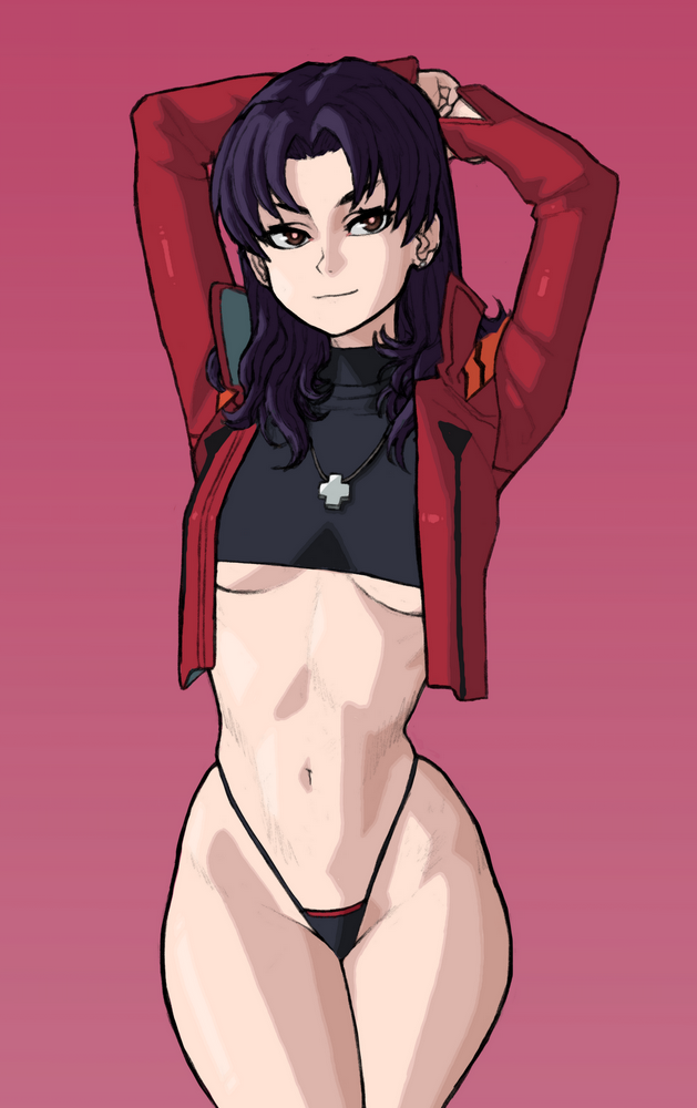 1girls bikini brown_eyes crop_top dark_hair female female_only jacket misato_katsuragi neon_genesis_evangelion neopn_genesis_evangelion solo thong wabaki