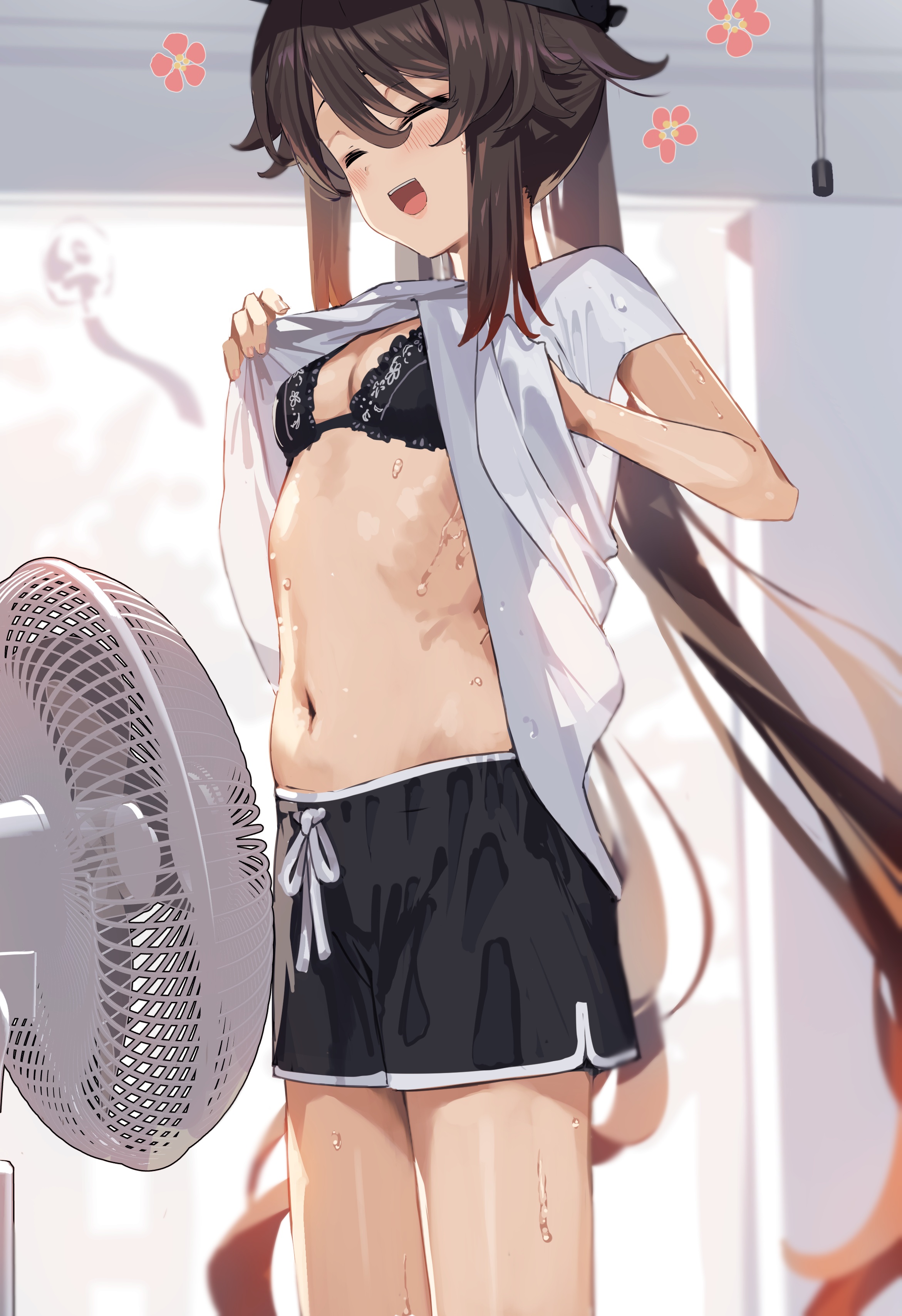 1girls, belly, belly button, black bra, bra, breasts, brown hair, cleavage, closed eyes, clothing, cooling off, electric fan, female, genshin impact, hi res, hu tao (genshin impact), lace trim, lace trimmed bra, lace-trimmed bra, navel, open mouth, shirt lift, shorts, small breasts, smile, solo, standing, sweat, sweaty, tummy, twintails, xkirara39x