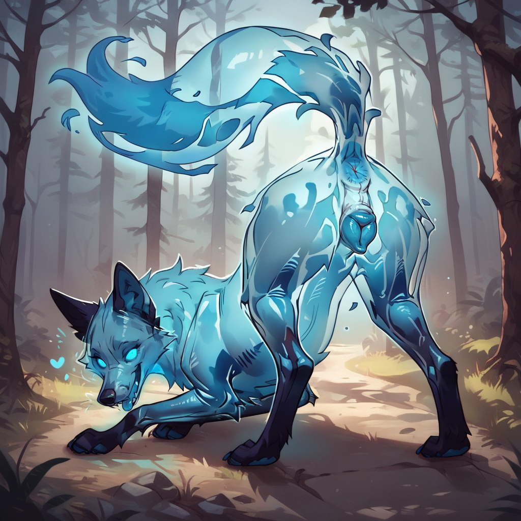 ai_generated anatomically_correct anatomically_correct_genitalia animal_genitalia animal_pussy anus ass ass_up blue_body blue_eyes blue_fur blue_pussy canid canine canine_pussy claws detailed_background director_firewolf fangs female feral forest fox fur genitals glowing glowing_eyes heart looking_at_viewer looking_back looking_back_at_viewer mammal open_mouth path paws plant pony_diffusion_(model) presenting presenting_hindquarters pussy raised_tail rear_view rock seductive solo spirit toe_claws tongue tongue_out translucent translucent_body tree