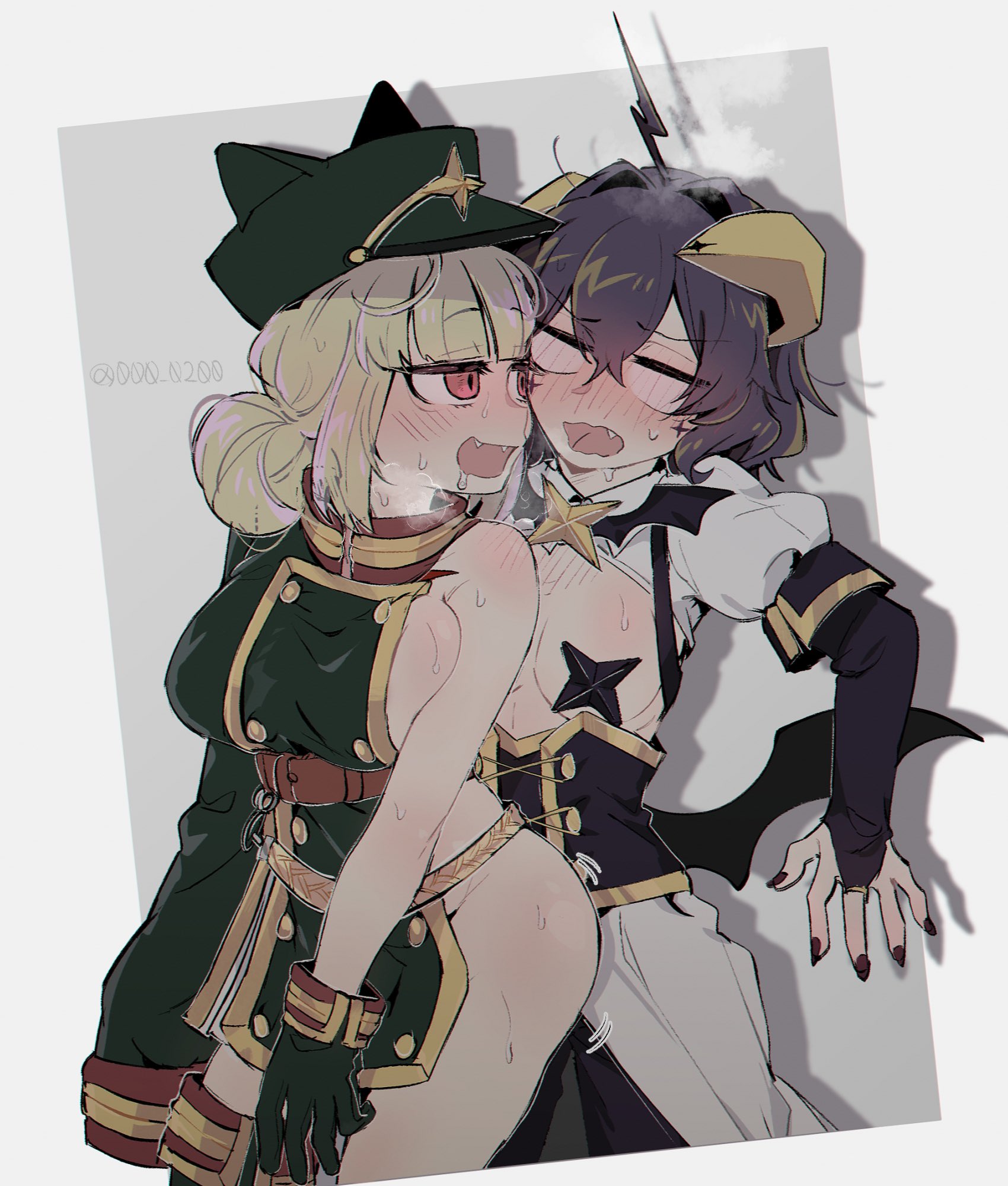 2girls, ahoge, an sin, araga kiwi, artist name, ass, ass press, ass visible through thighs, black nails, blank eyes, blunt bangs, blush, breasts, bridal gauntlets, cute fang, cute fangs, drooling, fangs, female, gloves, hair bun, hiiragi utena, horny, horny female, large breasts, leopard (mahou shoujo ni akogarete), looking back, magia baiser, mahou shoujo ni akogarete, medium breasts, nail polish, naughty face, naughty smile, painted nails, pressed against wall, shocked, steam, steaming body, sweaty, twitter username, yuri