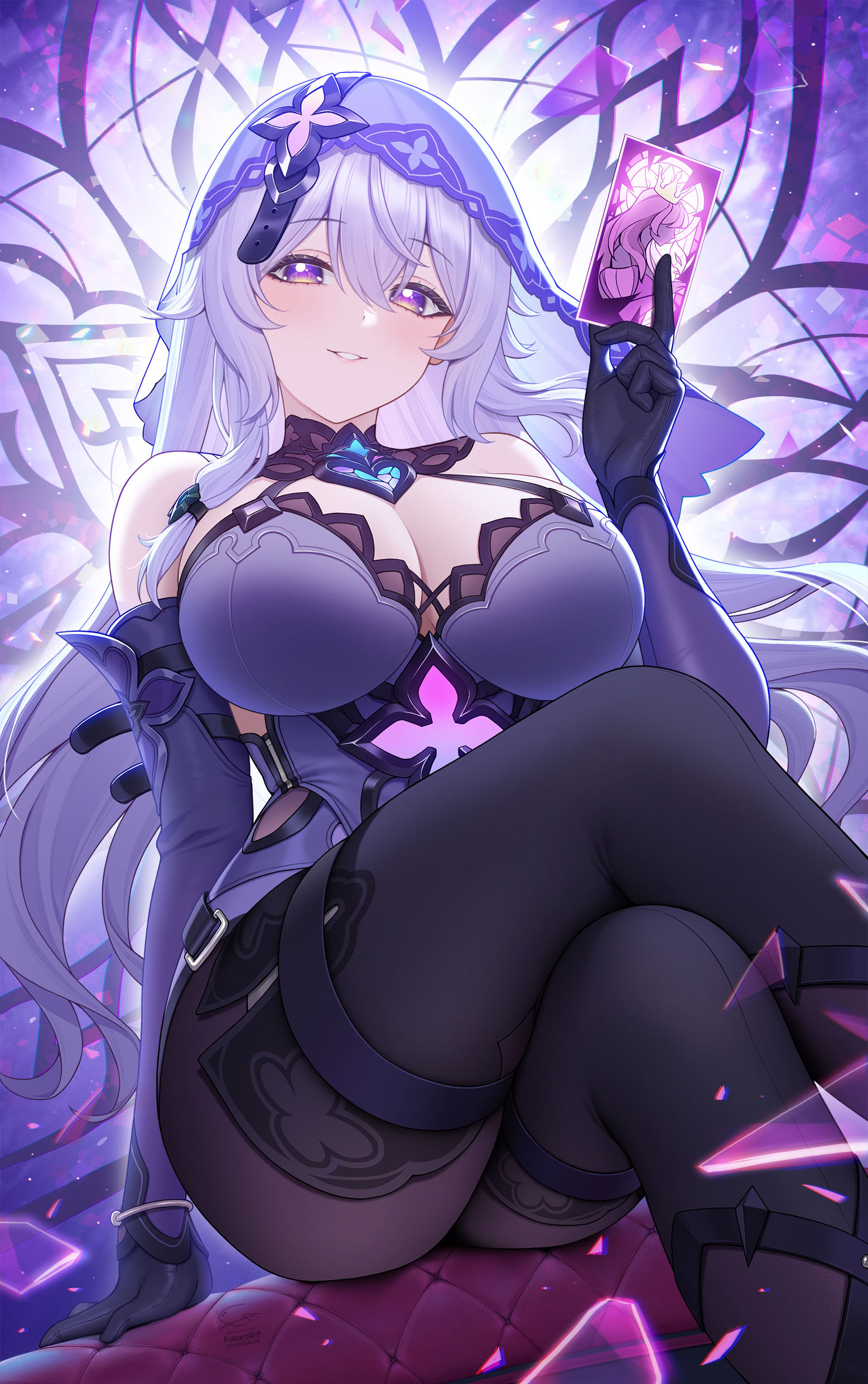 1girls, big breasts, black swan (honkai: star rail), blush, breasts, female, fukuro ko (greentea), highres, honkai: star rail, legs crossed, purple background, purple eyes, silver hair, sitting, smile, thigh strap
