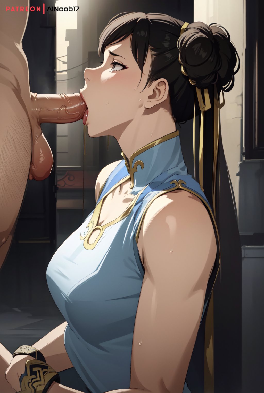 1boy, 1girls, ai generated, ainoob17, blowjob, china dress, chinese clothes, chun-li, female, human, male, oral, oral sex, penis, side view, street fighter, street fighter 6, tagme, toned, toned female