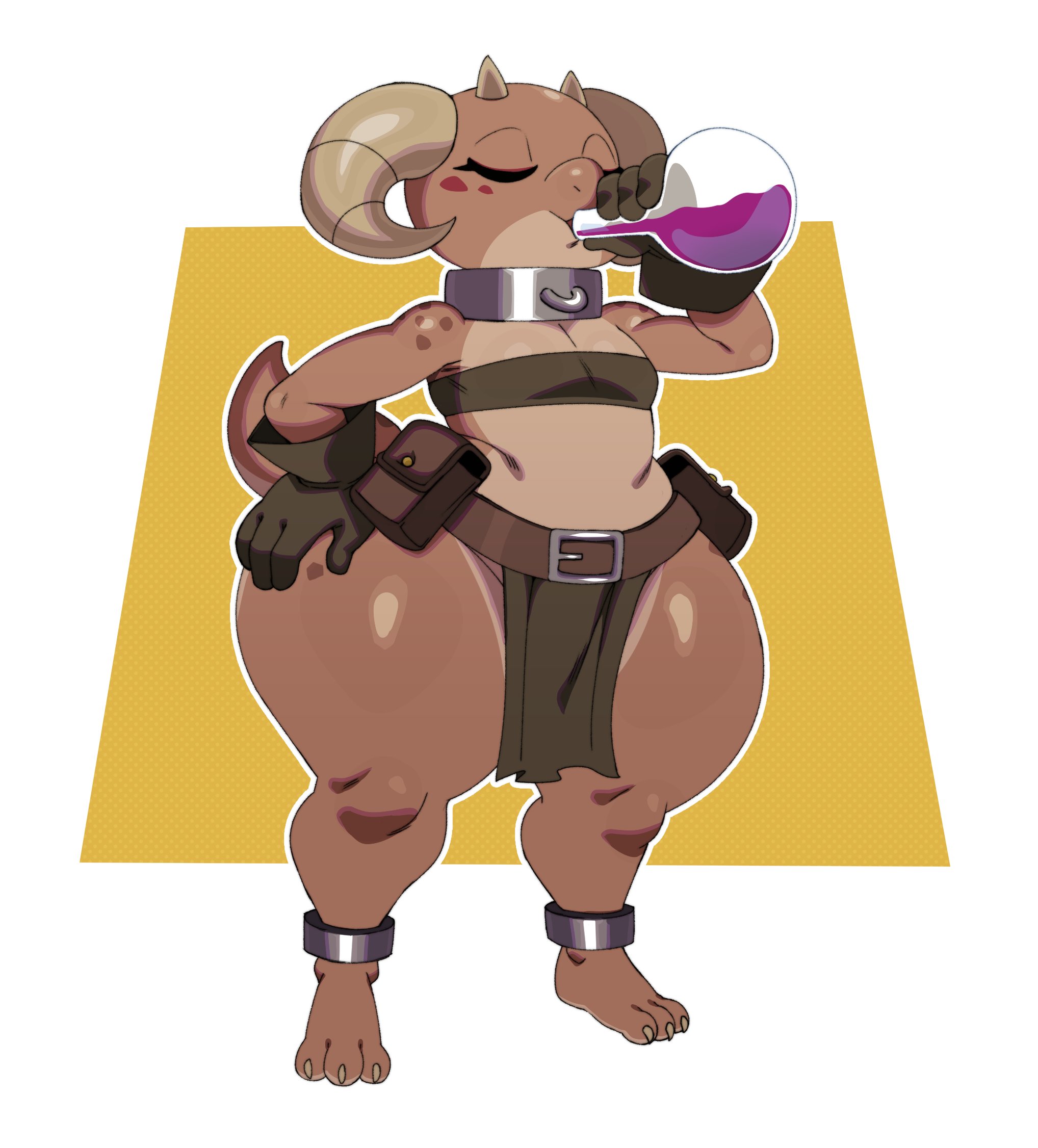1girls, 2025, anthro, ass, ass expansion, barefoot, belly, big ass, bottomwear, brown body, closed eyes, clothing, digital media (artwork), drinking potion, feet, female, female anthro, flat chest, flat chested, full-length portrait, geometric background, hand on hip, hi res, horn, huge thighs, kobold, loincloth, pear shaped, pear shaped female, pear-shaped figure, piko (simplifypm), portrait, potion, scalie, simple background, skimpy, solo, sssonic2, standing, tail, thick thighs, thigh expansion, topwear, wide hips