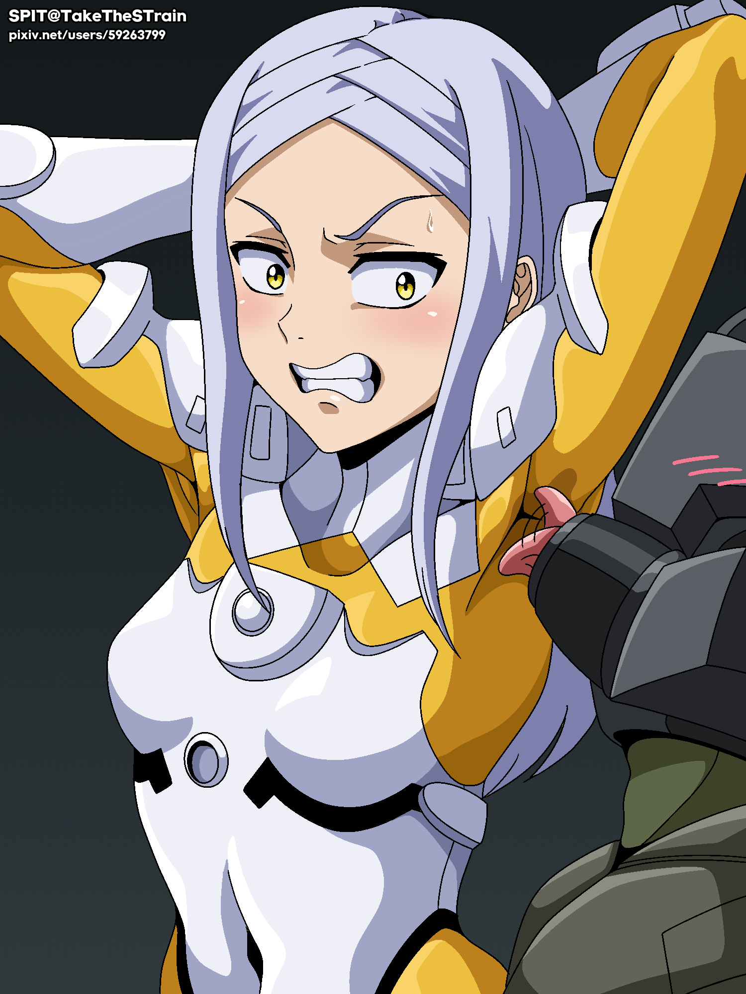 1girls armpit_fetish armpit_licking armpits arms_above_head arms_up blush bodysuit clenched_teeth clothed clothing fully_clothed gritted_teeth gundam gundam_00 hi_res high_resolution highres licking_anus licking_armpit light-skinned_female light_skin marie_parfacy pale-skinned_female pale_skin perky_breasts petite small_breasts soma_peries sweat sweatdrop sweating takethestrain teeth teeth_showing tongue tongue_out white_hair yellow_eyes