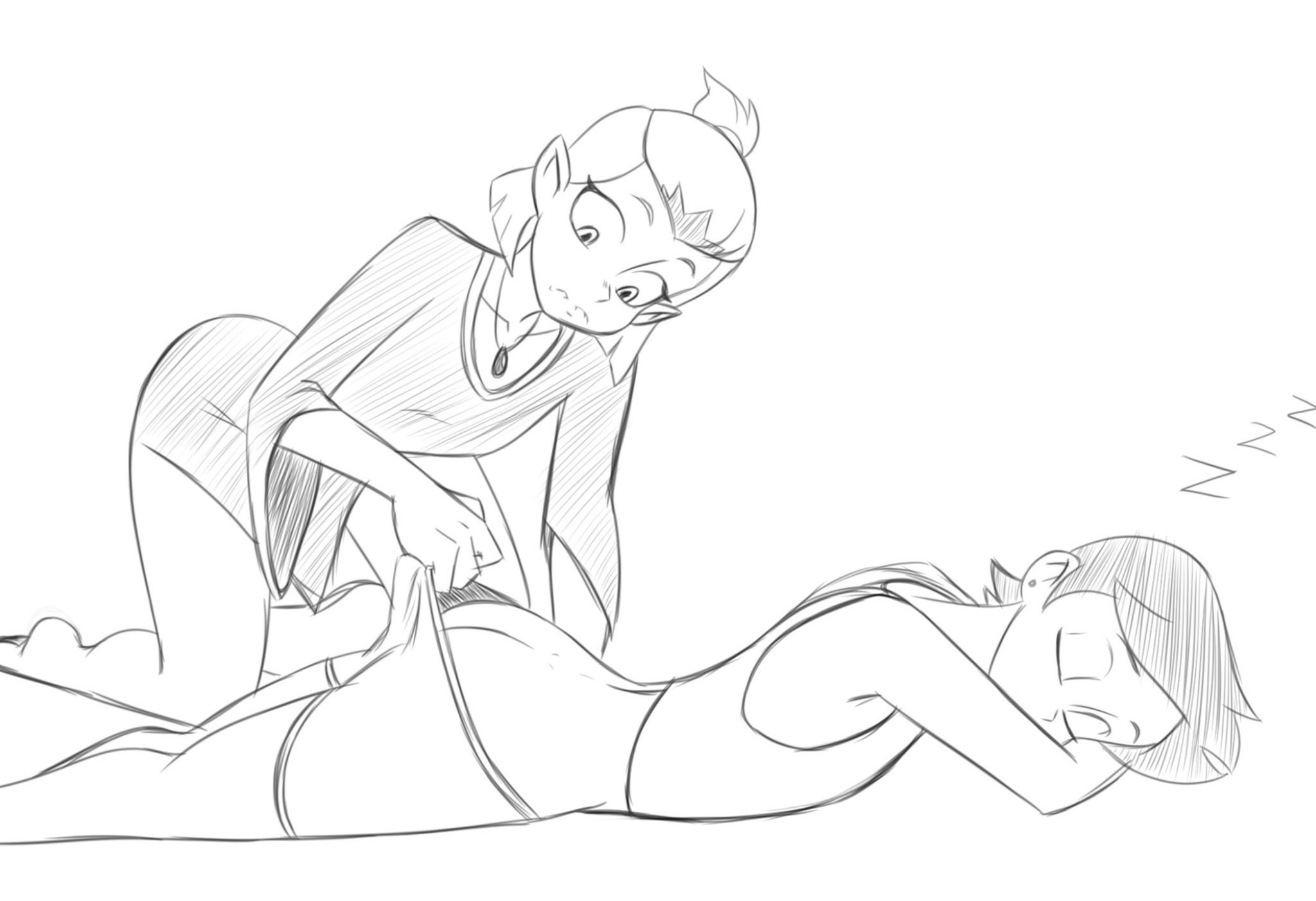 2024, 2girls, amity blight, ass, canon couple, disney, disney channel, female, female only, fetish, klassyarts (artist), luz noceda, monochrome, multiple females, multiple girls, no panties, shorts pull, sketch, sleeping, somnophilia, the owl house, yuri