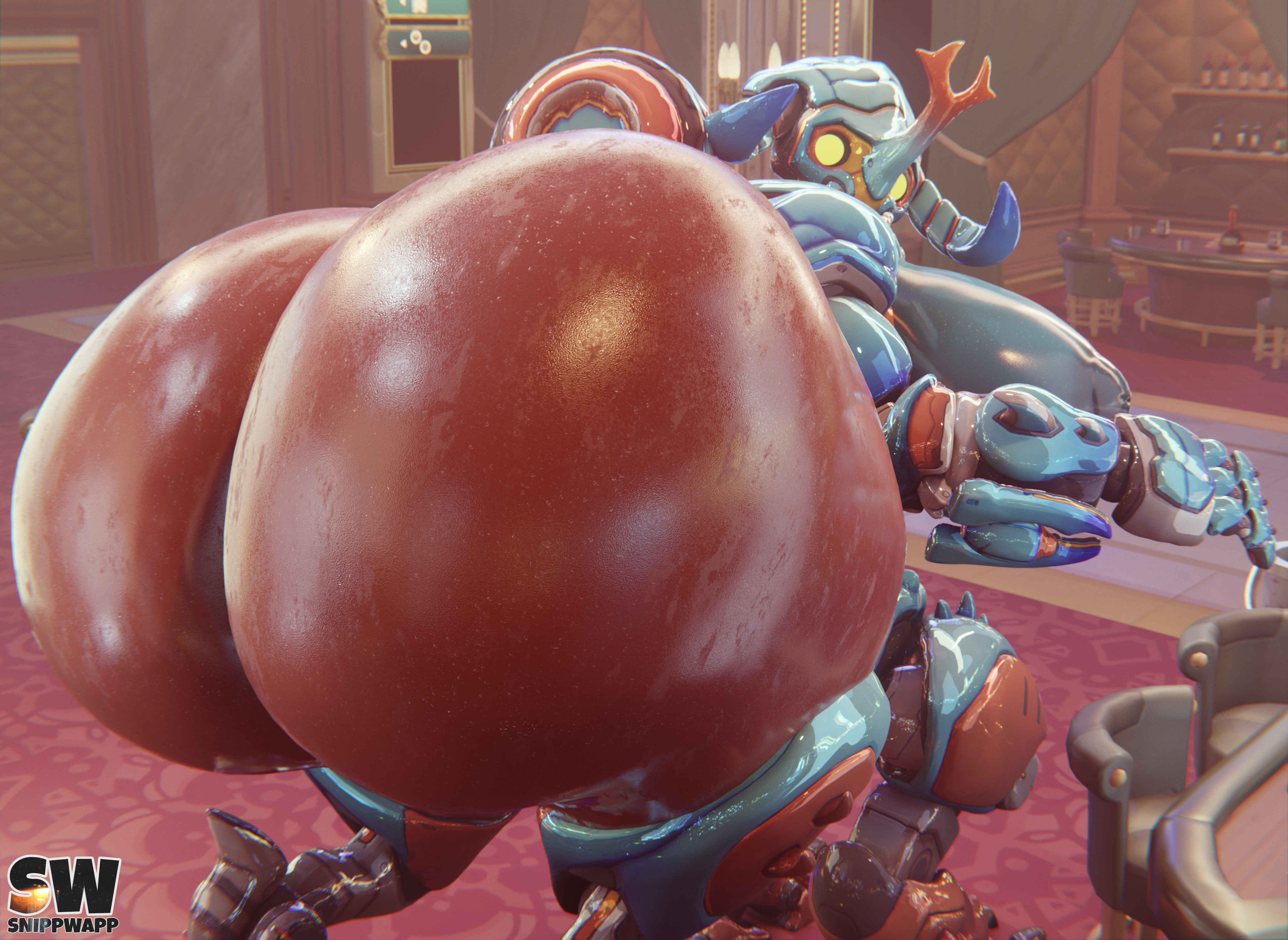 1girls, 3d, 3d (artwork), areolae, ass, ass focus, big ass, big butt, blender, blender (software), blender eevee, blizzard entertainment, breasts, bubble ass, bubble butt, dynastinae orisa, female, gigantic ass, gigantic butt, glistening, glistening body, huge ass, large ass, large breasts, looking back, nipples, orisa, overwatch, overwatch 2, robot, robot girl, robot joints, robotic arm, snippwapp, solo, solo female, solo focus, taur, yellow eyes