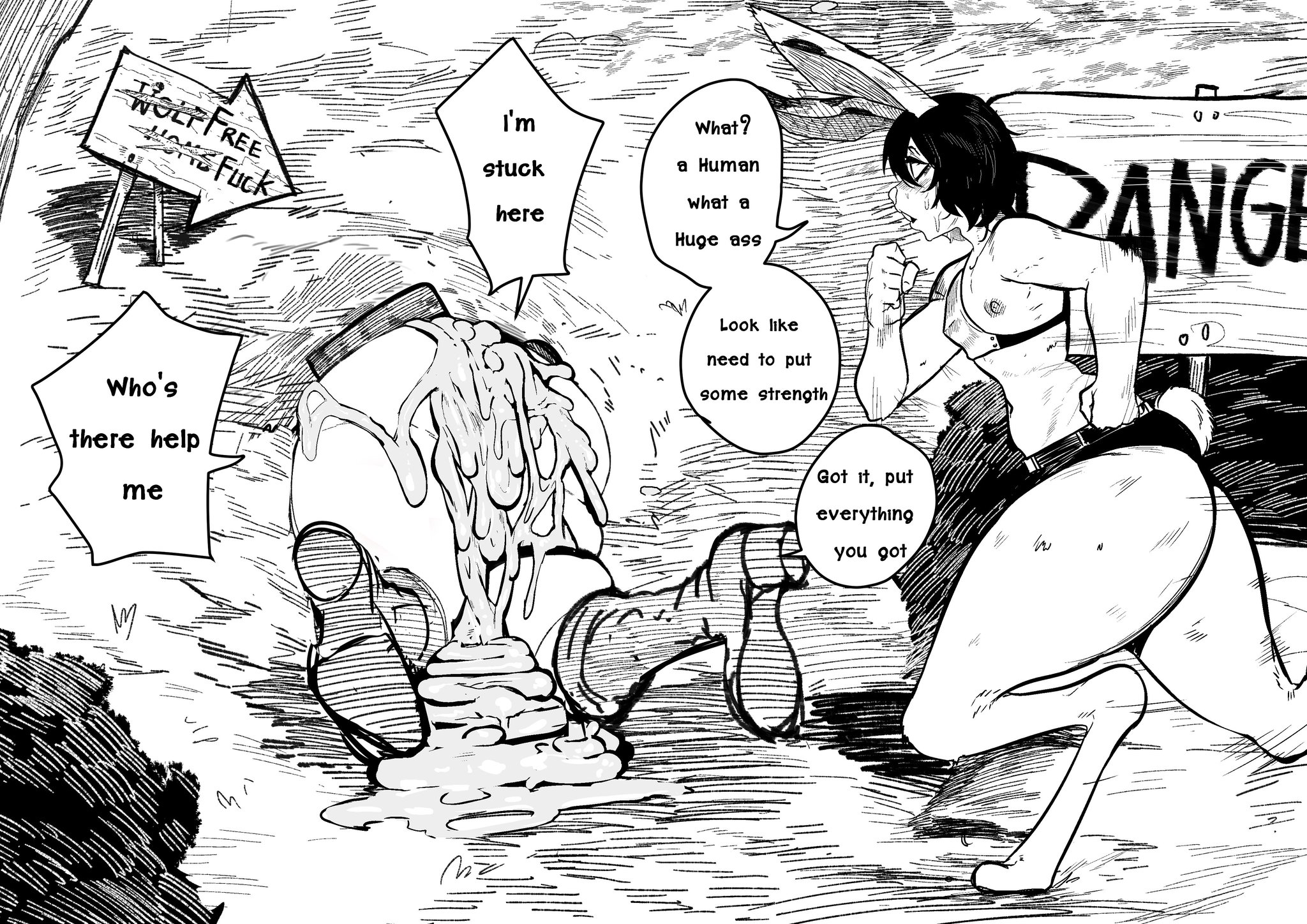 2boys, ass, big ass, comic, comic panel, cum, cum inside, dialogue, excessive cum, femboy, gay, green (artist), green (original), imminent rape, lagomorph, lagomorph humanoid, male, male focus, oc, original, original character, rabbit, rabbit humanoid, rape, speech bubble, stuck, stuck in wall, tagme, text, thick thighs, through wall, wide hips