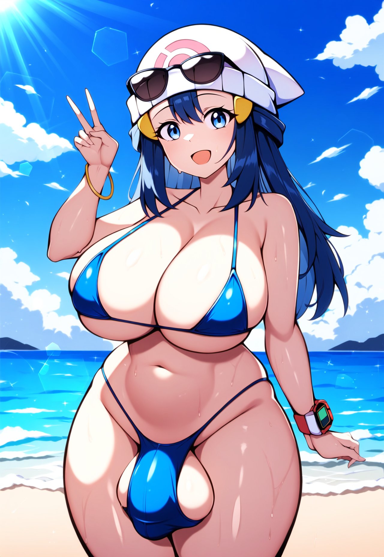 1futa ai_generated balls ballsack beach beach_background big_ass big_breasts bikini bikini_bottom bikini_top blue_hair blush blushing_at_partner blushing_at_viewer breasts bulge bulge_through_clothing busty clouds curvy curvy_figure curvy_futa curvy_hips curvy_thighs dawn_(pokemon) dickgirl dickgirl_focus dickgirl_only futa_focus futa_only futanari hat huge_breasts ocean peace_sign penis_visible_through_clothing pokemon pokemon_dppt sand smile smiling_at_partner smiling_at_viewer solo_futa stable_diffusion sunglasses sunglasses_on_head thedawn_hikari thick_thighs wide_hips wide_thighs wristwatch wristwear