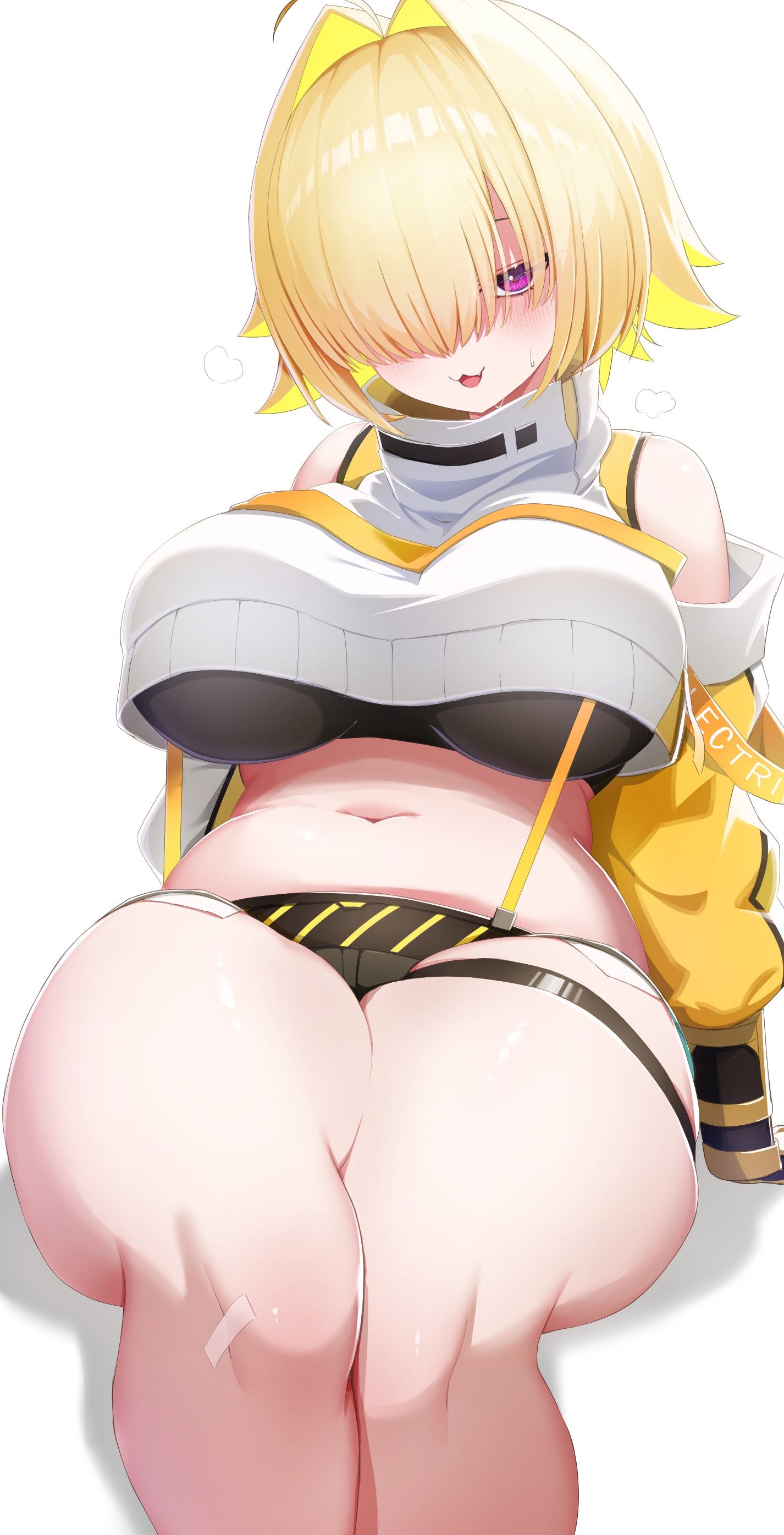 :3, 1girls, ahoge, belly, belly button, blonde hair, blush, breasts, cute fang, elegg (nikke), female, female only, fully clothed, goddess of victory: nikke, hair over eyes, midriff, open mouth, purple eyes, sitting, sweat, thick thighs, thigh strap, tight clothing, two-tone hair, underboob, white background
