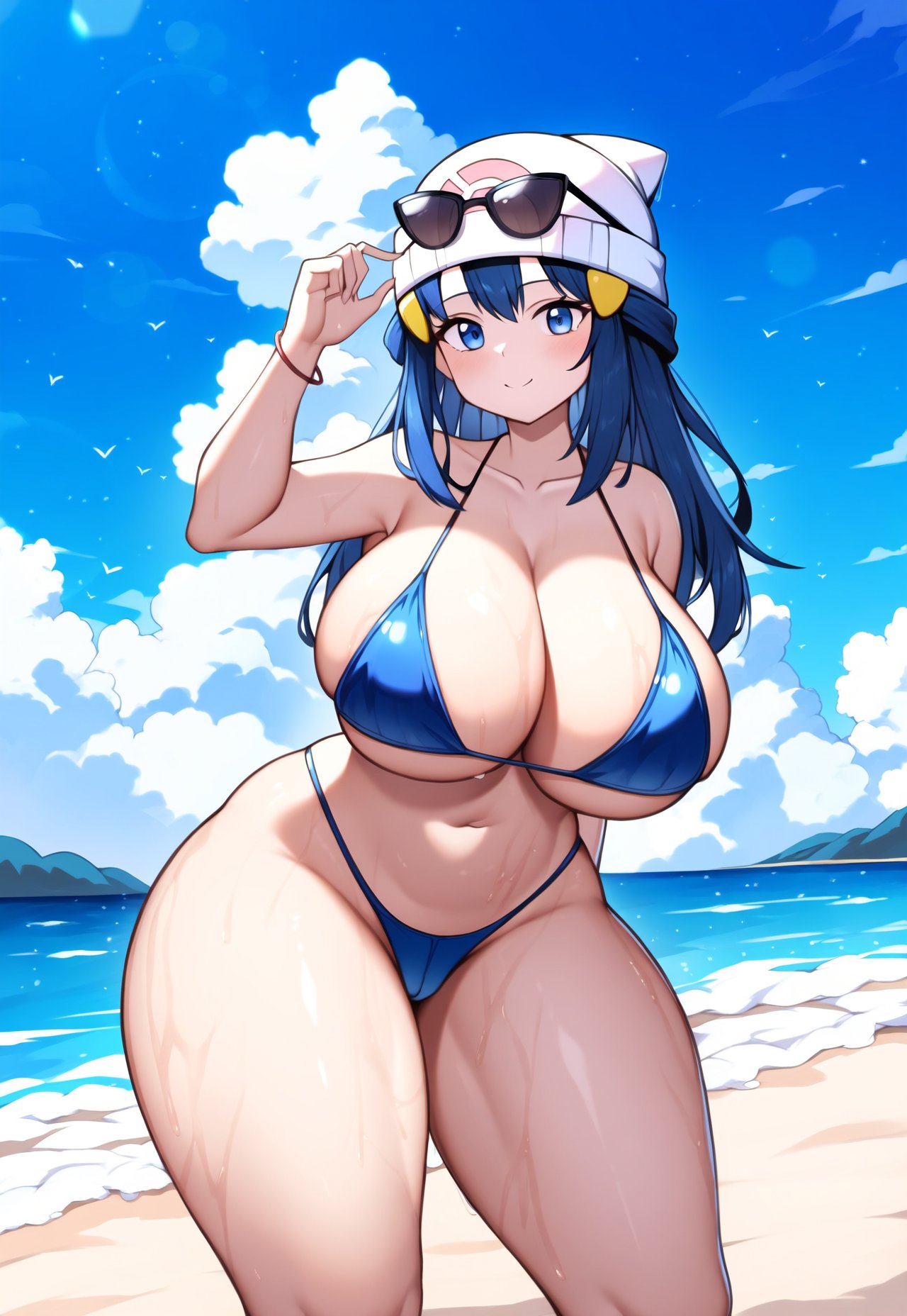 1girls ai_generated beach beach_background big_ass big_breasts bikini bikini_bottom bikini_top blue_hair blush blushing_at_partner blushing_at_viewer breasts busty busty_female clouds curvy curvy_female curvy_figure curvy_hips curvy_thighs dawn_(pokemon) female female_focus female_only hat huge_breasts human ocean pokemon pokemon_dppt sand smile smiling_at_partner smiling_at_viewer solo_female stable_diffusion sunglasses sunglasses_on_head thedawn_hikari wide_hips wide_thighs