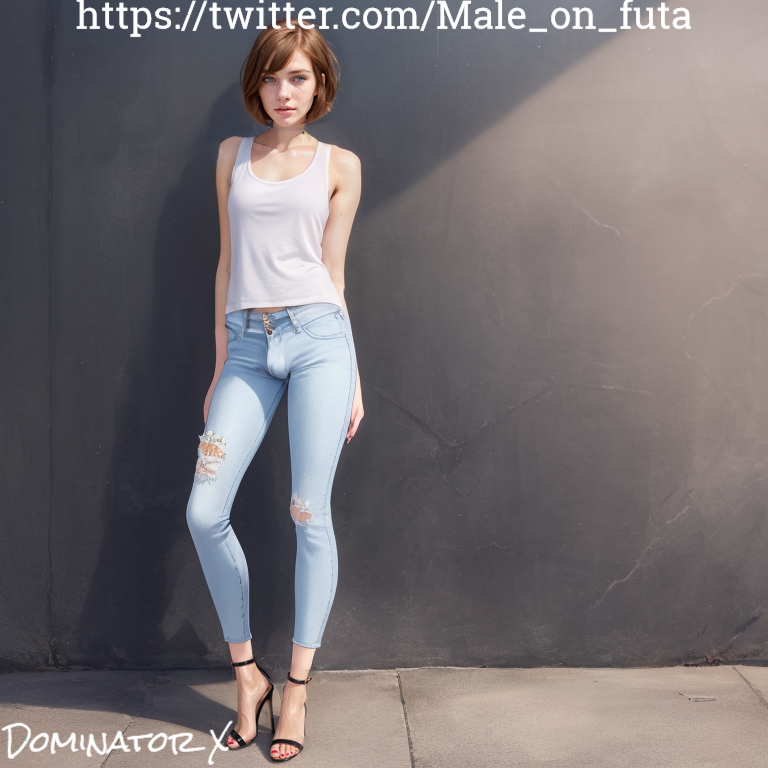 1futa ai_generated ass athletic big_breasts big_bulge blue_eyes bob_cut breasts brown_hair bulge bulge_through_clothing dickgirl dominatorx femboy fit futanari heels human jeans legs outdoors outside painted_toenails pants petite sandals slim_waist solo solo_dickgirl solo_futa standing street tagme tank_top white_tank_top