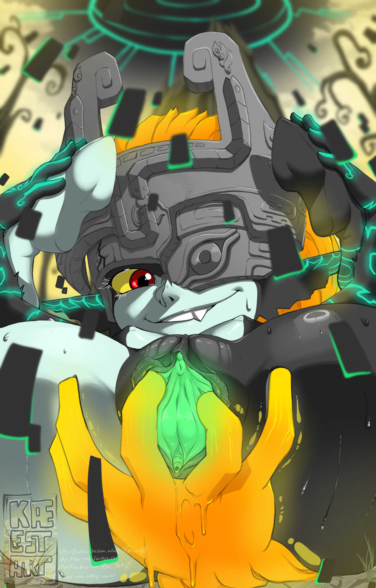 1girls, black body, female, female focus, female only, grey body, helmet, imp, imp midna, kae-est art, kae3s, long hair, midna, orange hair, pussy, red eyes, solo, solo female, solo focus, spread legs, spread pussy, the legend of zelda, twilight princess