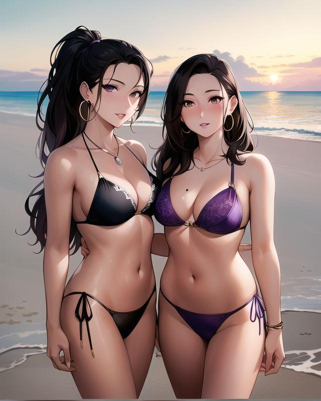 2girls ai_generated ai_mirror beach belly_button bikini black_bikini black_hair blush bracelets brown_eyes brown_hair earrings hand_on_another's_hip hoop_earrings long_hair looking_at_viewer medium_breasts mole mole_on_breast necklace necklaces ocean ponytail purple_bikini purple_eyes sand sea seaside small_breasts sunset take_your_pick together water wave white_skin