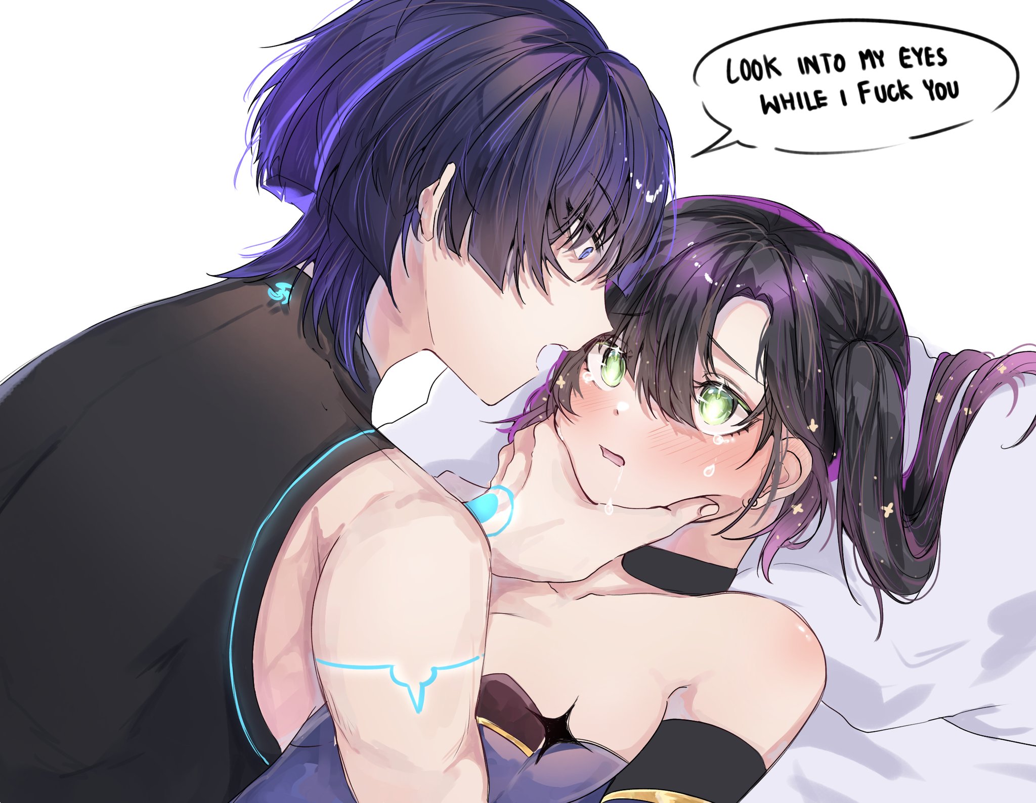 1boy, 1girls, blue eyes, blue hair, blush, cleavage, dialogue, female, flustered, genshin impact, green eyes, holding face, laying on back, laying on bed, male, mona (genshin impact), necktie iv14, scaramouche (genshin impact), straight, tears
