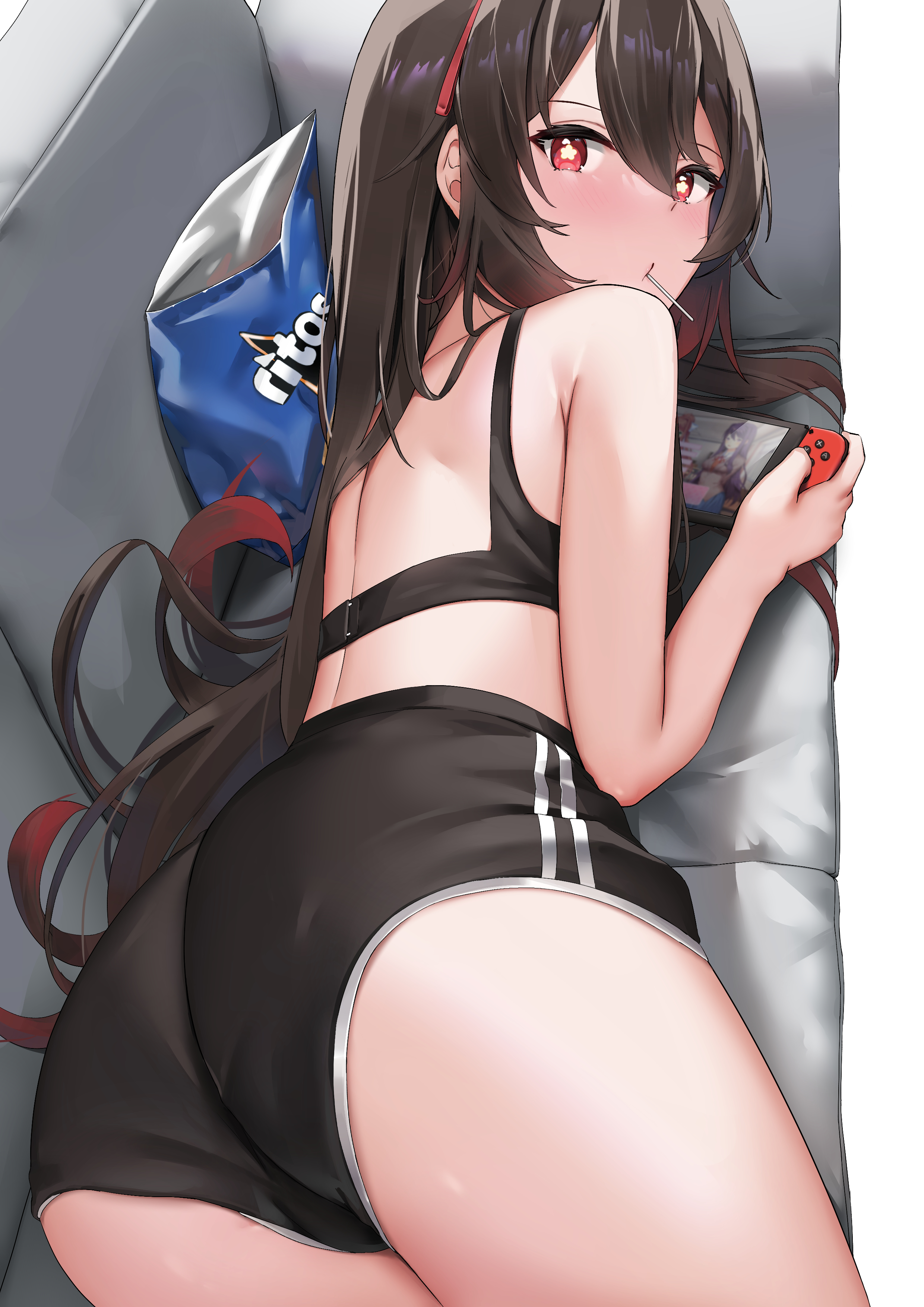 ass, ass focus, black bra, black shorts, booty shorts, bra, brown hair, couch, cute, doki doki literature club, female, female only, from behind, gamer girl, genshin impact, hi res, hu tao (genshin impact), lolipop, looking at viewer, looking back, lying on stomach, mihoyo, monika (doki doki literature club), nintendo, nintendo switch, on couch, playing videogame, red eyes, short shorts, shorts, skai kun, thighs, yuri (doki doki literature club)