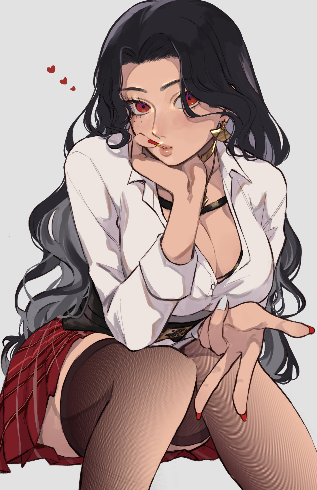 1girls, beauty mark, big breasts, black hair, breasts, dark hair, earrings, female, fingernails, flannel skirt, jewelry, large breasts, lips, mol2wi, multicolored nail polish, multicolored nails, nail polish, nails, nijisanji, nijisanji en, painted nails, puffy lips, red eyes, red nails, scarle yonaguni, skirt, tagme (artist), thick, thick thighs, thigh highs, thighhighs, thighs, virtual youtuber, vtuber, white nails