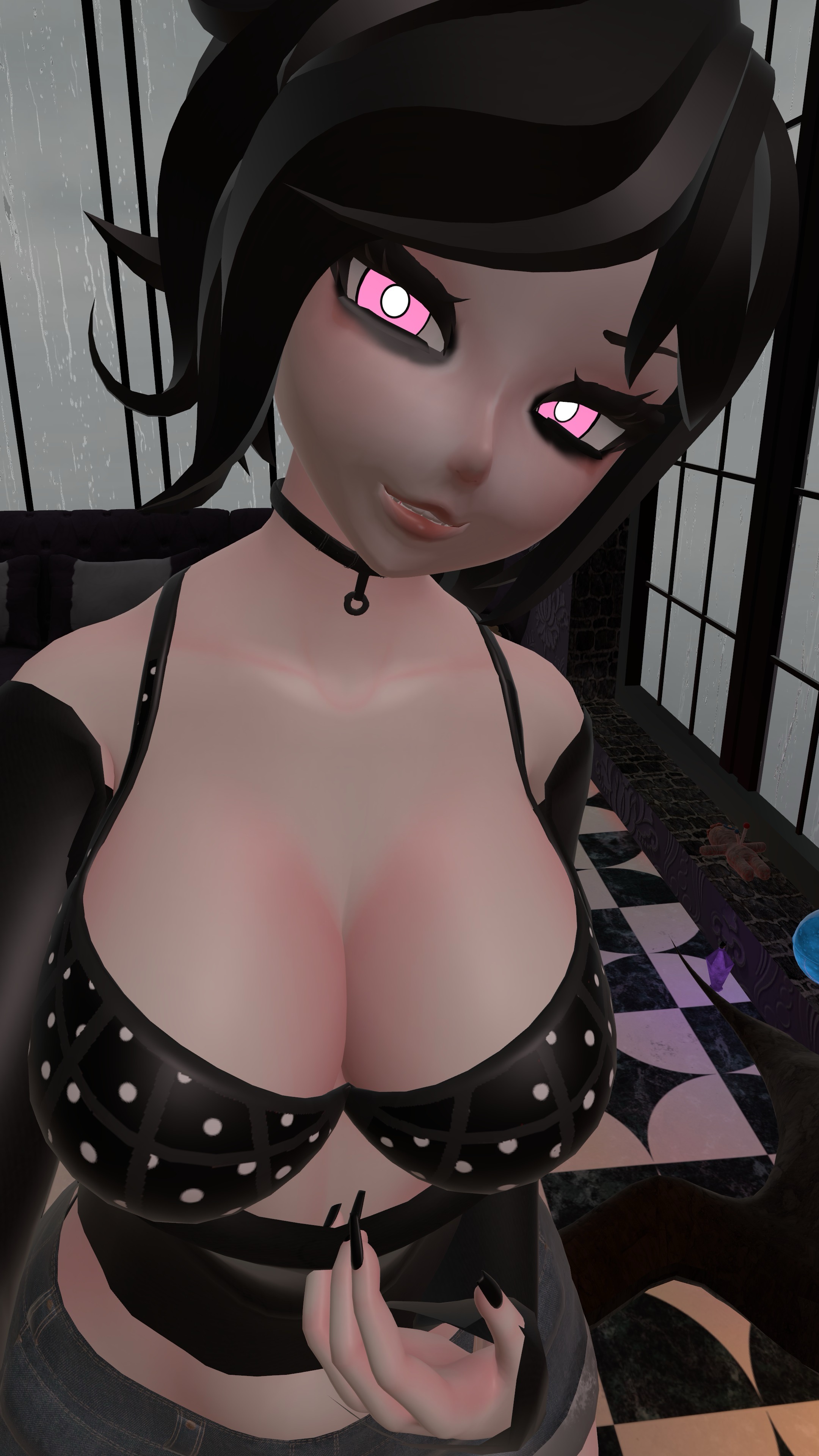 3d, ashley graves, big breasts, breasts, female, flashing, flashing breasts, goth, kallylady, light skin, light-skinned female, pale skin, pale-skinned female, pink eyes, smirk, tagme, the coffin of andy and leyley, vrchat