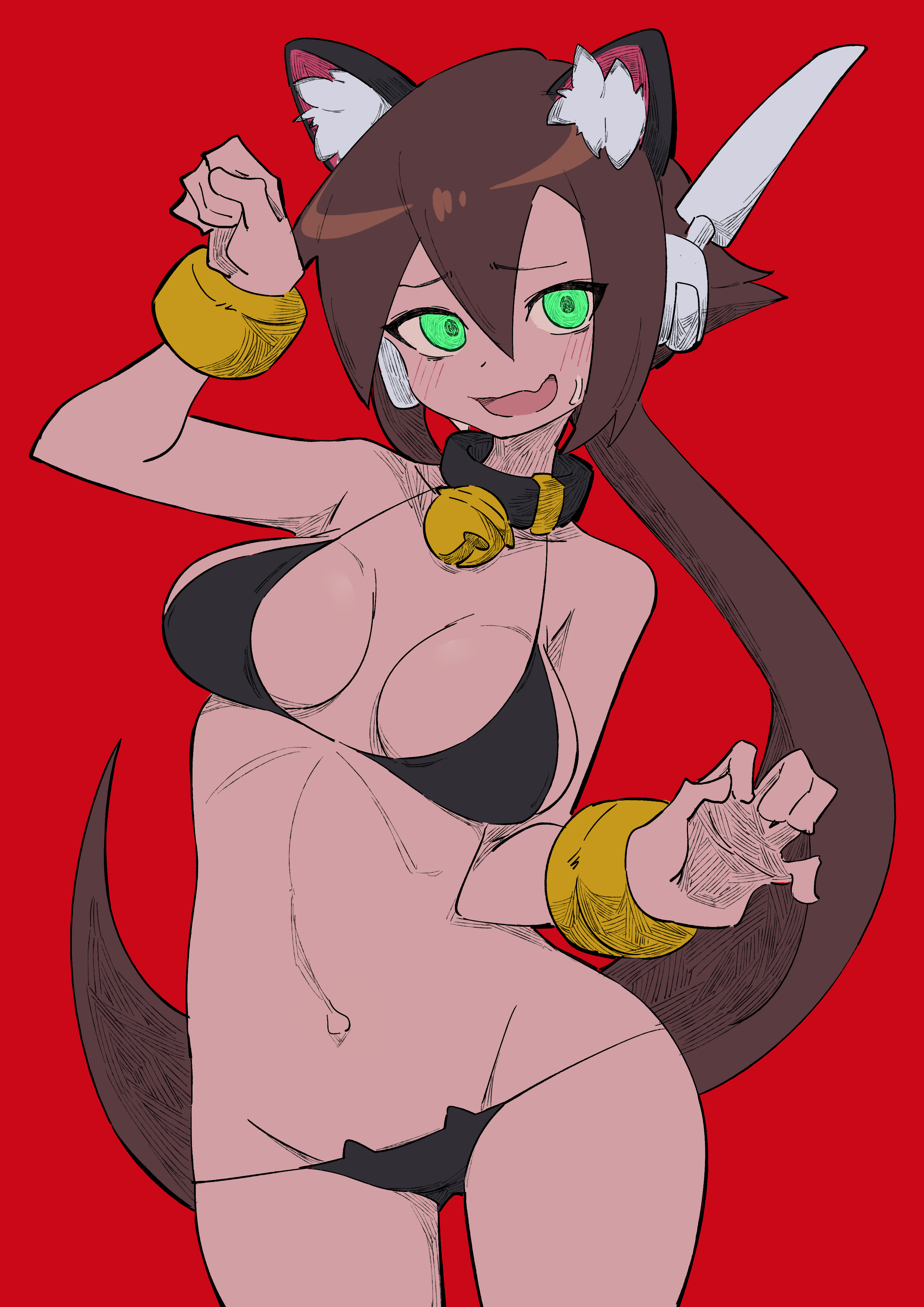 1girls, aile, bangs, bell collar, bikini, black bikini, blush, blushing, breasts, brown hair, buzzlyears, cat ears, cat girl, catgirl, claw pose, cowboy shot, embarrassed, female, green eyes, groin, hair between eyes, hips, large breasts, long hair, looking at viewer, mega man, mega man zx, nervous, nervous smile, open mouth, pose, posing, red background, skin fang, solo, stomach, sweatdrop, thick thighs, thong bikini, wavy mouth, wide hips