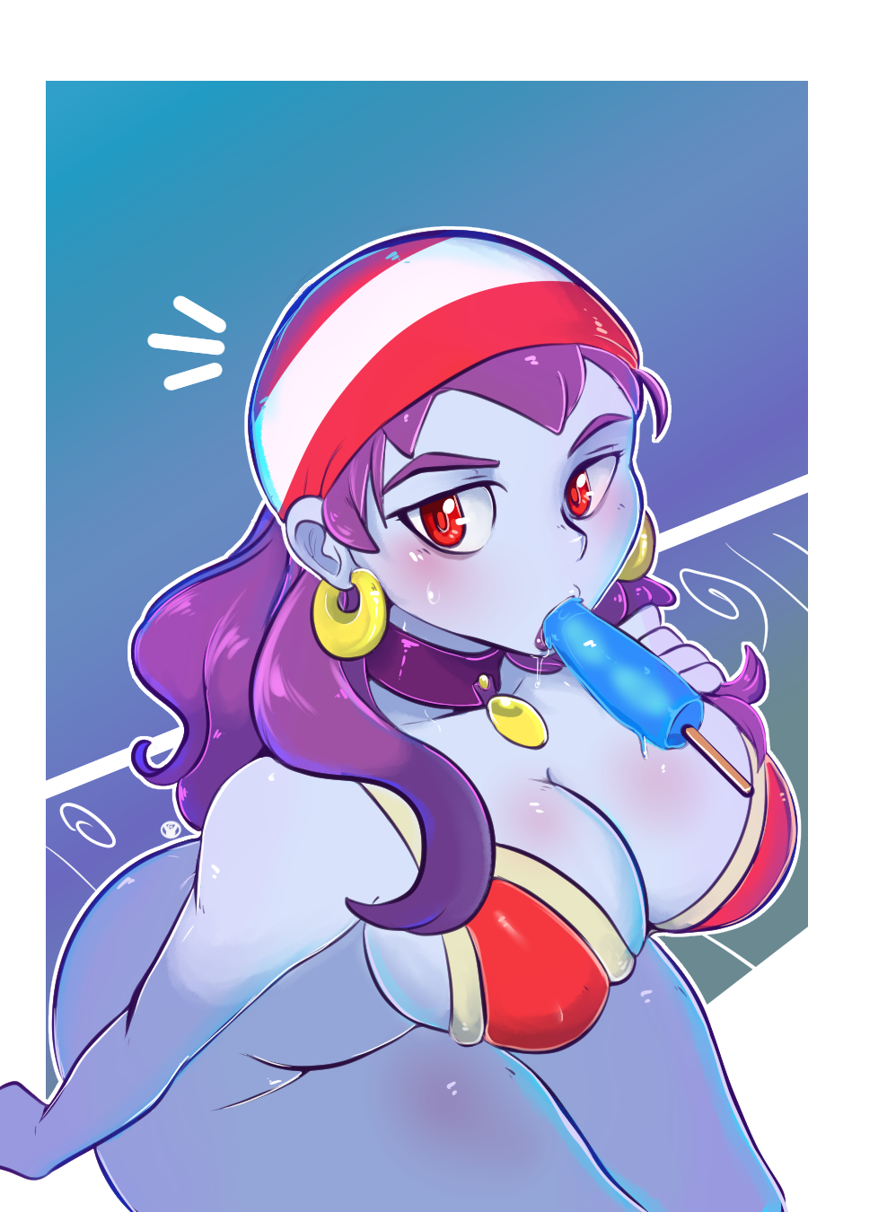 1girls bandana bikini breasts choker earrings female geeflakes large_breasts long_hair looking_at_viewer popsicle popsicle_in_mouth purple_hair red_bikini red_eyes risky_boots shantae solo solo_female