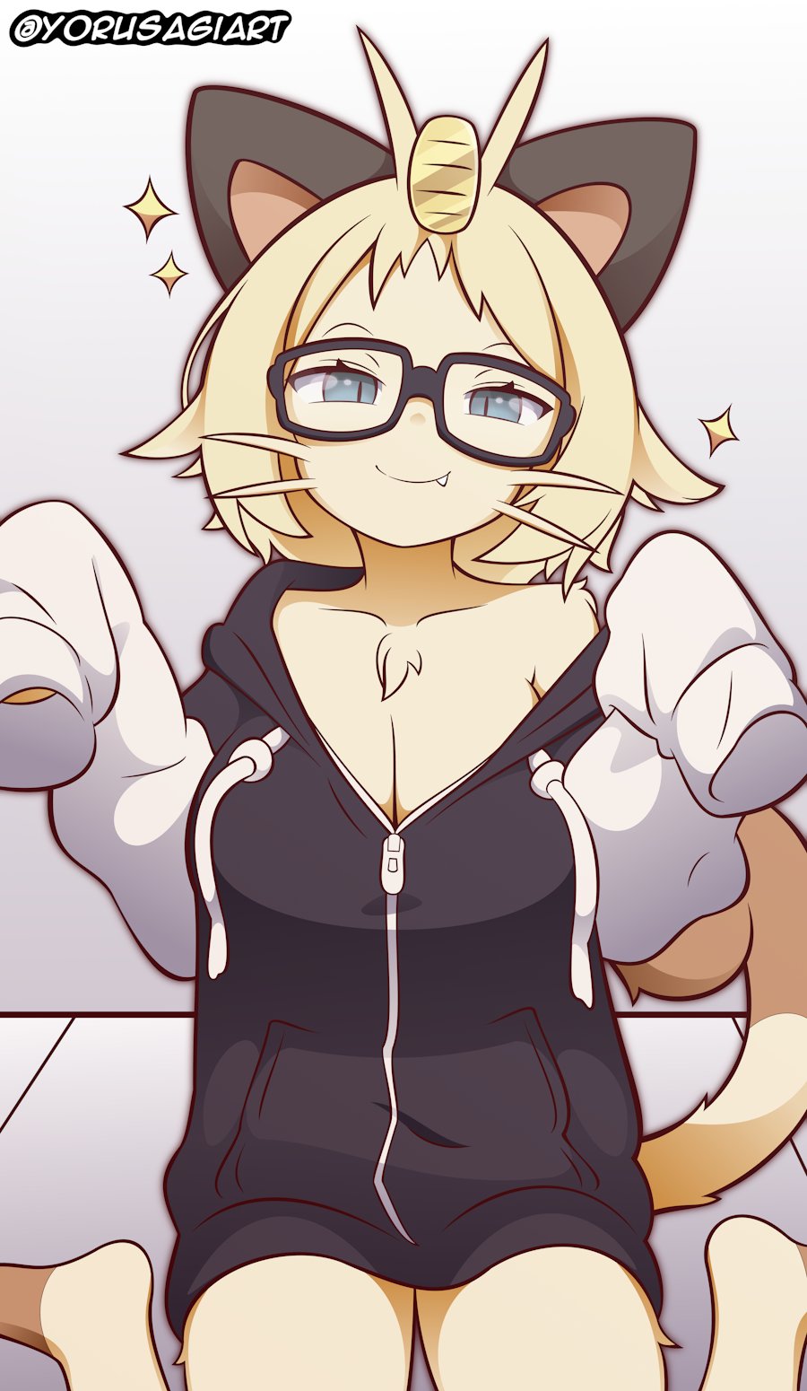 big breasts, blonde hair, blue eyes, breasts, cat ears, cat girl, cat tail, catgirl, female, glasses, meowth, pokémon (species), pokemon, pokemon (species), tagme, thighs, transformation, yorusagi