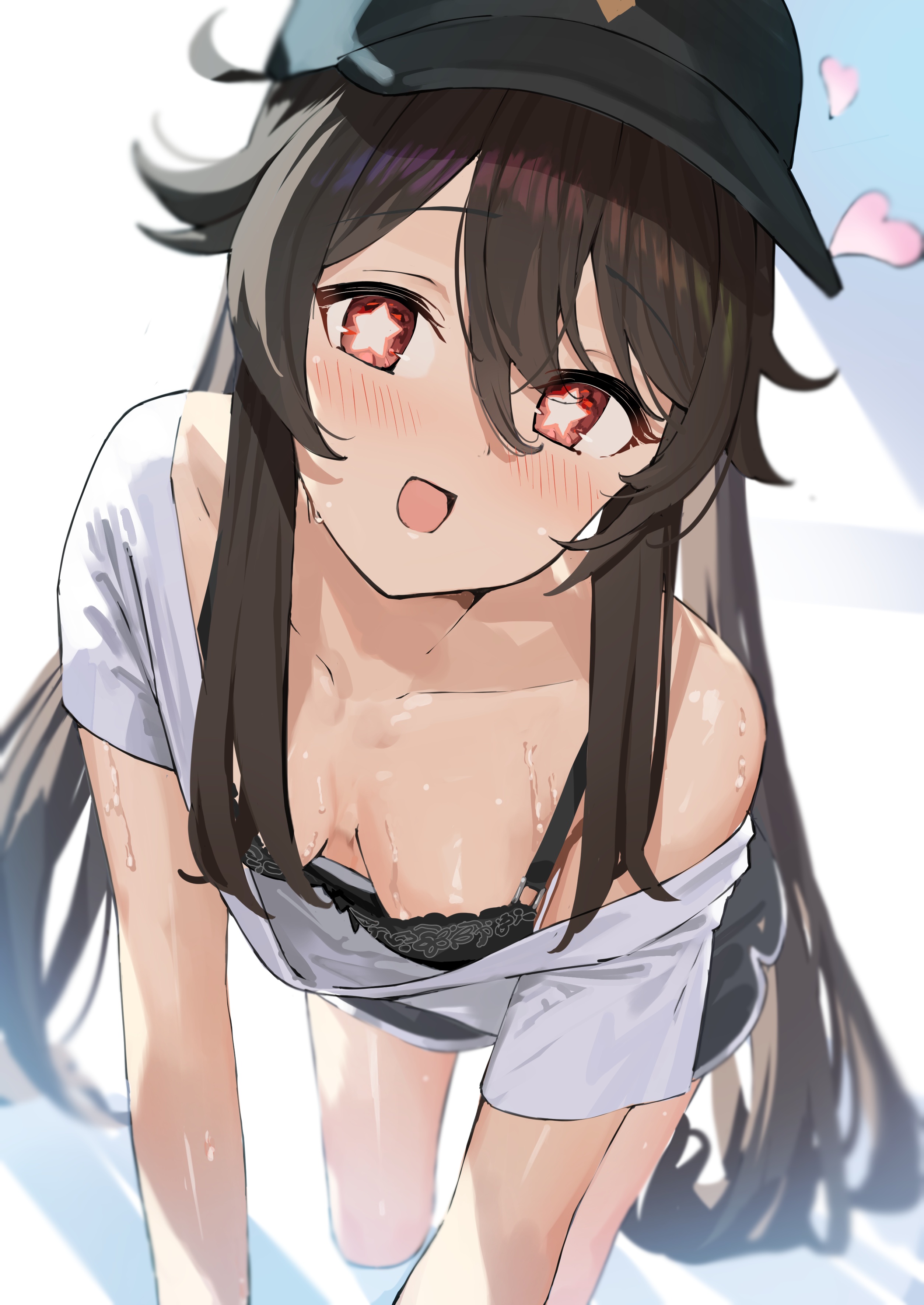 all fours, bare shoulders, baseball cap, black bra, blush, bra, breasts, brown hair, casual, cleavage, collarbone, downblouse, female, genshin impact, heart, hi res, hu tao (genshin impact), looking at viewer, off shoulder, open mouth, pov, red eyes, shirt, shorts, small breasts, sweat, sweaty, twintails, white shirt, xkirara39x