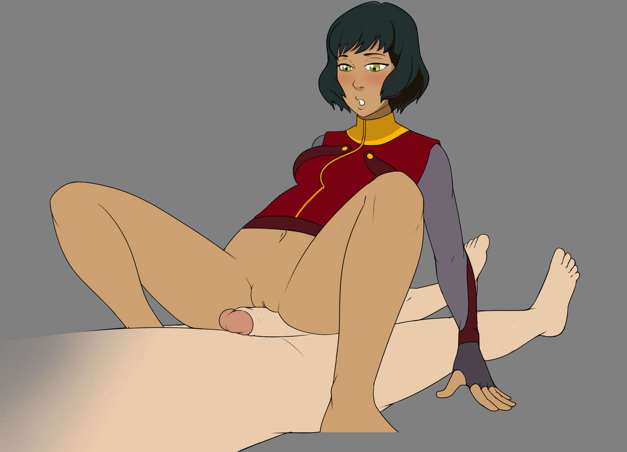 1boy, 1girls, air nomad, avatar legends, black hair, blush, bottomless, breasts, clothing, crotch, dark skin, dark-skinned female, earth kingdom, female, four elements trainer, green eyes, male, male/female, mity, opal bei fong, outercourse, penis, pussy, rubbing pussy, rubbing pussy against dick, short black hair, small breasts, smooth skin, the legend of korra, unseen male face