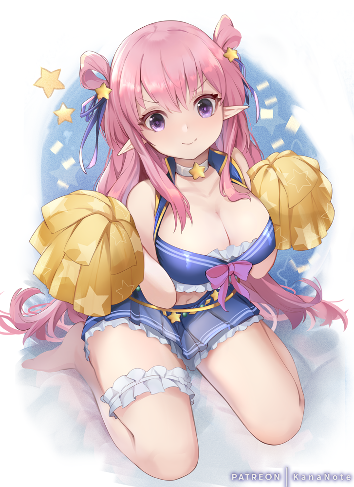 1girls cheerleader cheerleader_uniform cleavage elf_girl fully_clothed hatsune_(princess_connect!) kananote light-skinned_female light_skin pale-skinned_female pink_hair pom_pom_(cheerleading) princess_connect! princess_connect!_re:dive solo solo_female