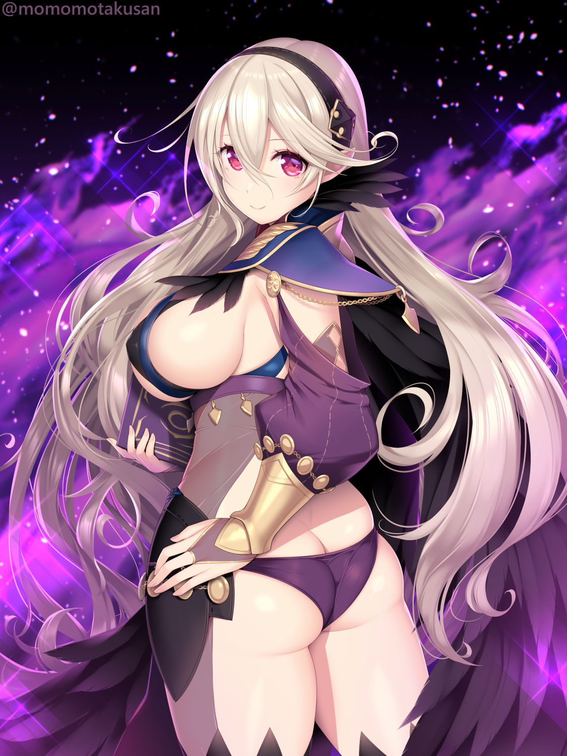 1girls alternate_costume ass big_ass black_background black_cape black_feathers black_hairband black_panties bodystocking breasts butt_crack cape cleavage commentary_request corrin_(female)_(fire_emblem) corrin_(fire_emblem) corrin_(fire_emblem)_(female) dark_mage_(fire_emblem_fates) feathers female female_only fire fire_emblem fire_emblem_fates grey_hair hair_ornament hairband highres kashiwamochi_yomogi large_breasts long_hair long_sleeves looking_at_viewer looking_back nintendo panties pointy_ears purple_fire purple_panties red_eyes see-through sideboob simple_background solo tight_clothing twitter_username underwear