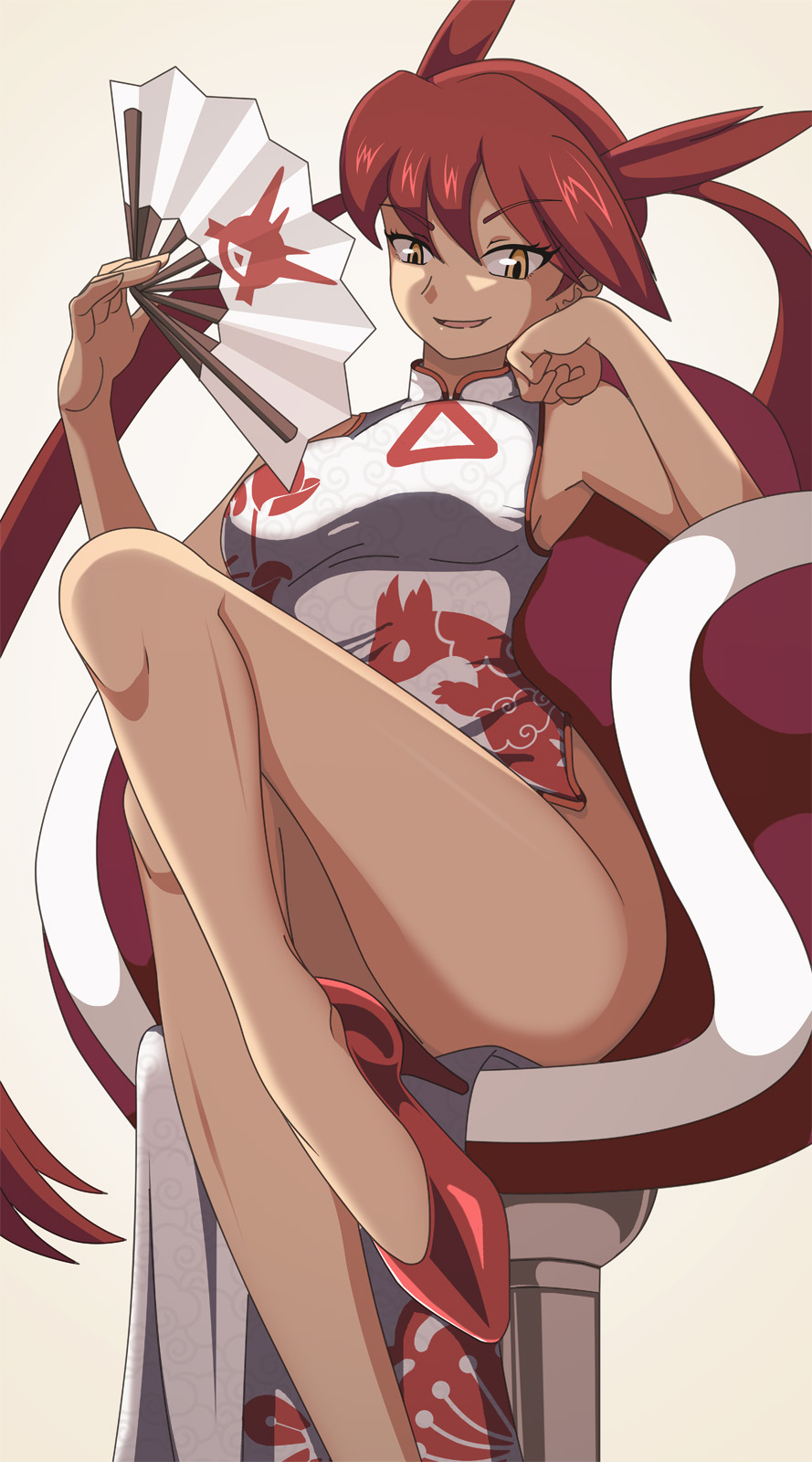 1girls fan high_heels humanized latias latias_(pokemon_adventures) pokemon pokemon_(species) pokemon_adventures red_hair sitting vivivoovoo yellow_eyes