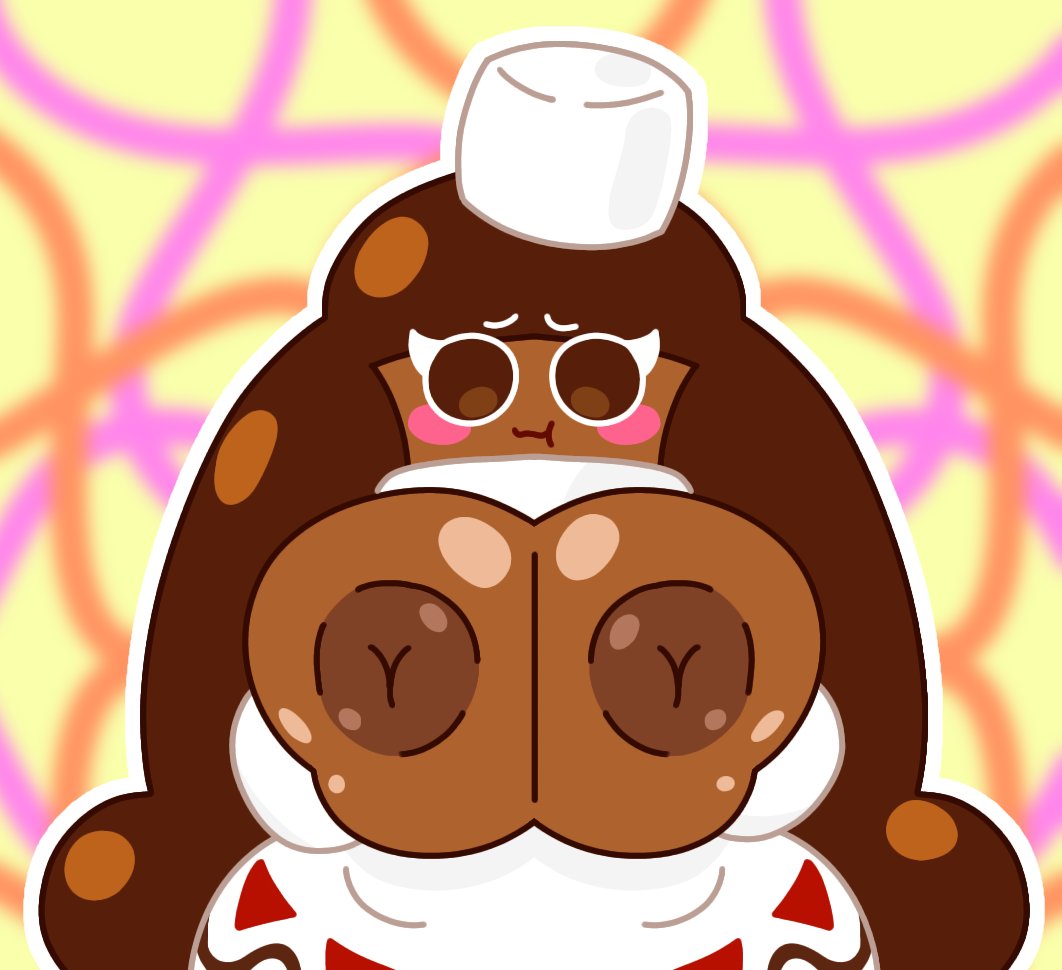 1girls, alternate version available, big breasts, blush, breasts, breasts bigger than head, brown body, brown eyes, brown hair, brown nipples, cocoa cookie, cookie run, dark skin, female, female focus, female only, itisspermo, looking at viewer, twitter link