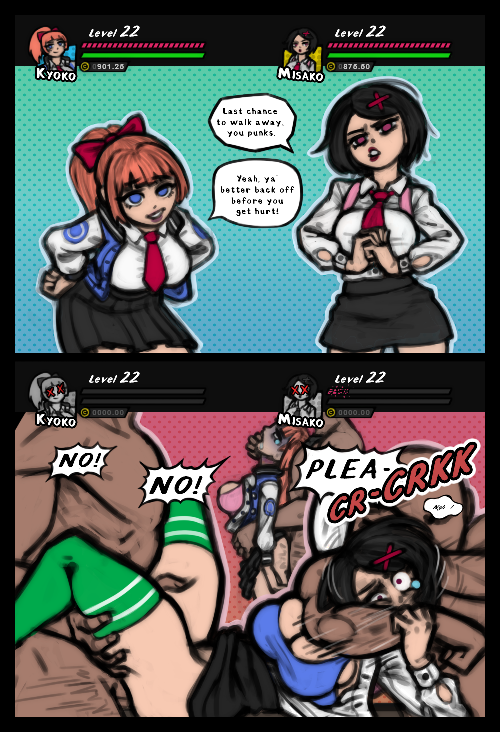 2girls 2koma 3boys alternate_version_available begging_for_mercy death dialogue female female_death full_color guro gurochanop instant_loss instant_loss_2koma kyoko_(kunio-kun) misako_(kunio-kun) neck_snap necrophilia pleading rape river_city_girls snuff text_bubble