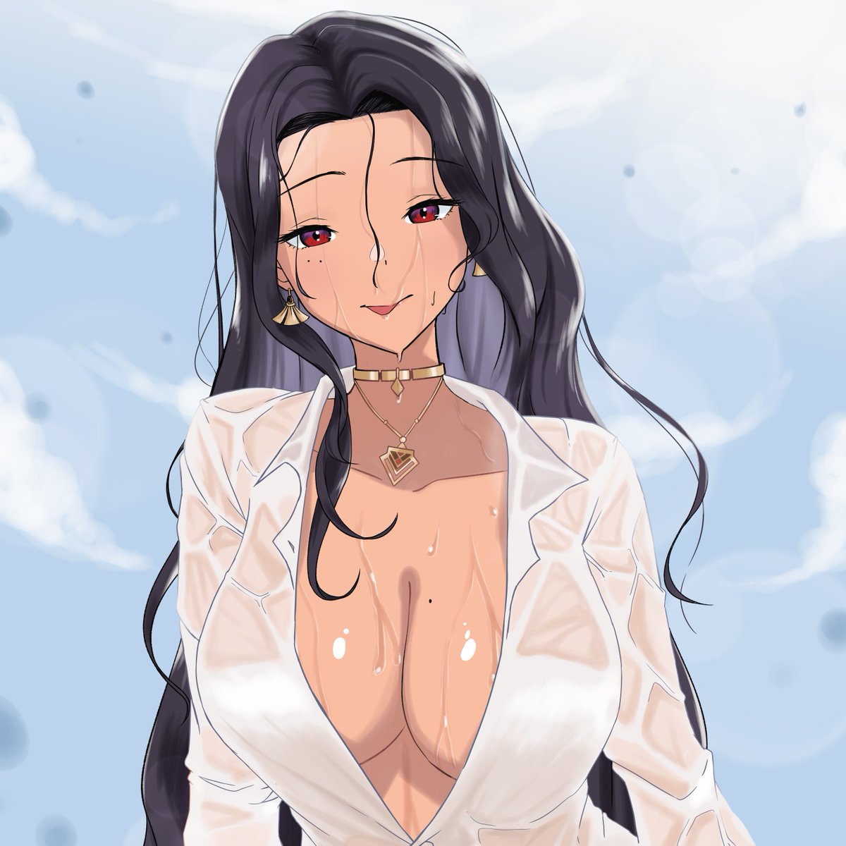 :p, 1girls, black hair, blue sky, breasts, choker, cleavage, cloud, collarbone, collared shirt, dark skin, dark-skinned female, dress shirt, earrings, female, gold choker, gold necklace, highres, jewelry, large breasts, long hair, looking at viewer, mole, mole on breast, mole under eye, multiple moles, naked shirt, necklace, nijisanji, nijisanji en, no bra, open clothes, open shirt, partially unbuttoned, red eyes, scarle yonaguni, seductive smile, see-through clothes, see-through shirt, shirt, sky, smile, solo, tongue, tongue out, upper body, very long hair, virtual youtuber, water drop, wavy hair, wet, wet clothes, wet hair, wet shirt, white shirt, yarashi thought