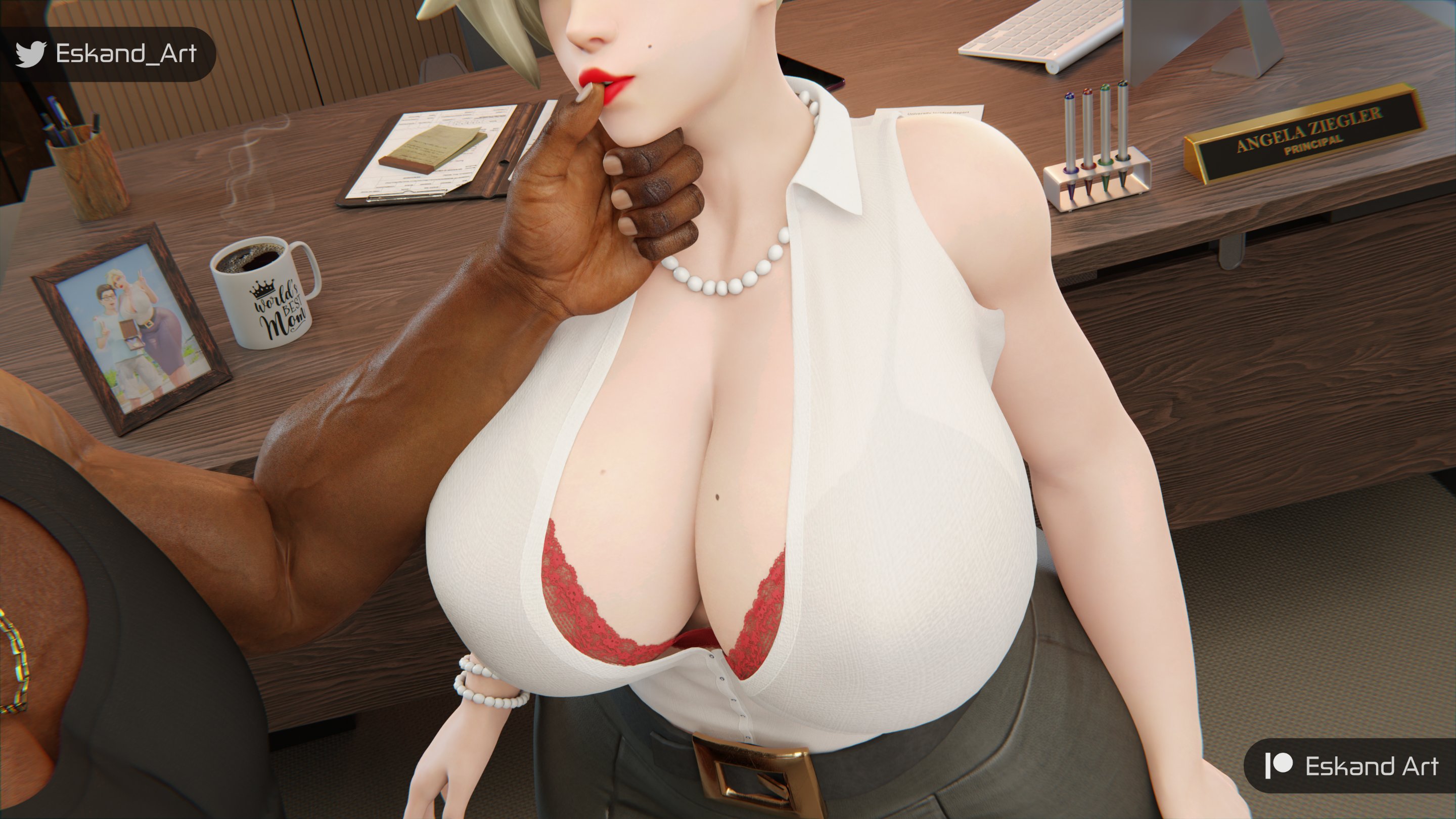 1boy, 1girls, 3d, artist signature, big penis, black penis, blizzard entertainment, blonde hair, bra visible through clothes, breasts, cleavage, dark skin, dark-skinned male, erection, eskandart, female, hand under chin, high resolution, highres, huge breasts, indoors, interracial, lipstick, male, mercy, mole on breast, muscular, muscular male, necklace, office, office lady, overwatch, overwatch 2, penis, sleeveless, tagme