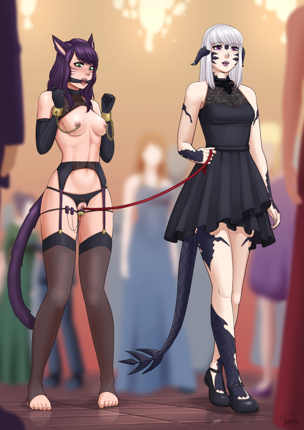 2girls altana_tumet animal_ears animal_tail au_ra barefoot bondage chains clitoris_leash clitoris_piercing clitoris_ring crotchless_panties female female_focus femdom final_fantasy final_fantasy_xiv gag garter_straps leash leti_moonreaver lezdom linked_piercings manacles miqo'te multiple_girls nipple_piercing nipple_rings piercing piercings potchi stockings submissive_female vibrator_in_pussy xaela