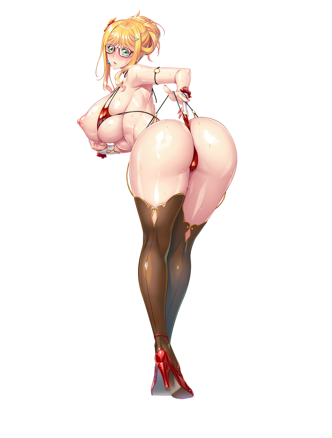 alternate_costume aoi_nagisa_(metalder) ass backboob bent_over bikini blonde_hair blush breasts cleavage clothes_pull female flower full_body glasses hair_flower hair_ornament hibiscus high_heels highres huge_breasts impossible_clothes kagami_hirotaka kosaka_shizuru large_breasts looking_at_viewer looking_back nipples ocean puffy_nipples sasayama_ittousai sidelocks simple_background solo string_bikini sweat sweatdrop swimsuit taimanin_(series) taimanin_rpgx thighhighs thong_bikini underwear white_background