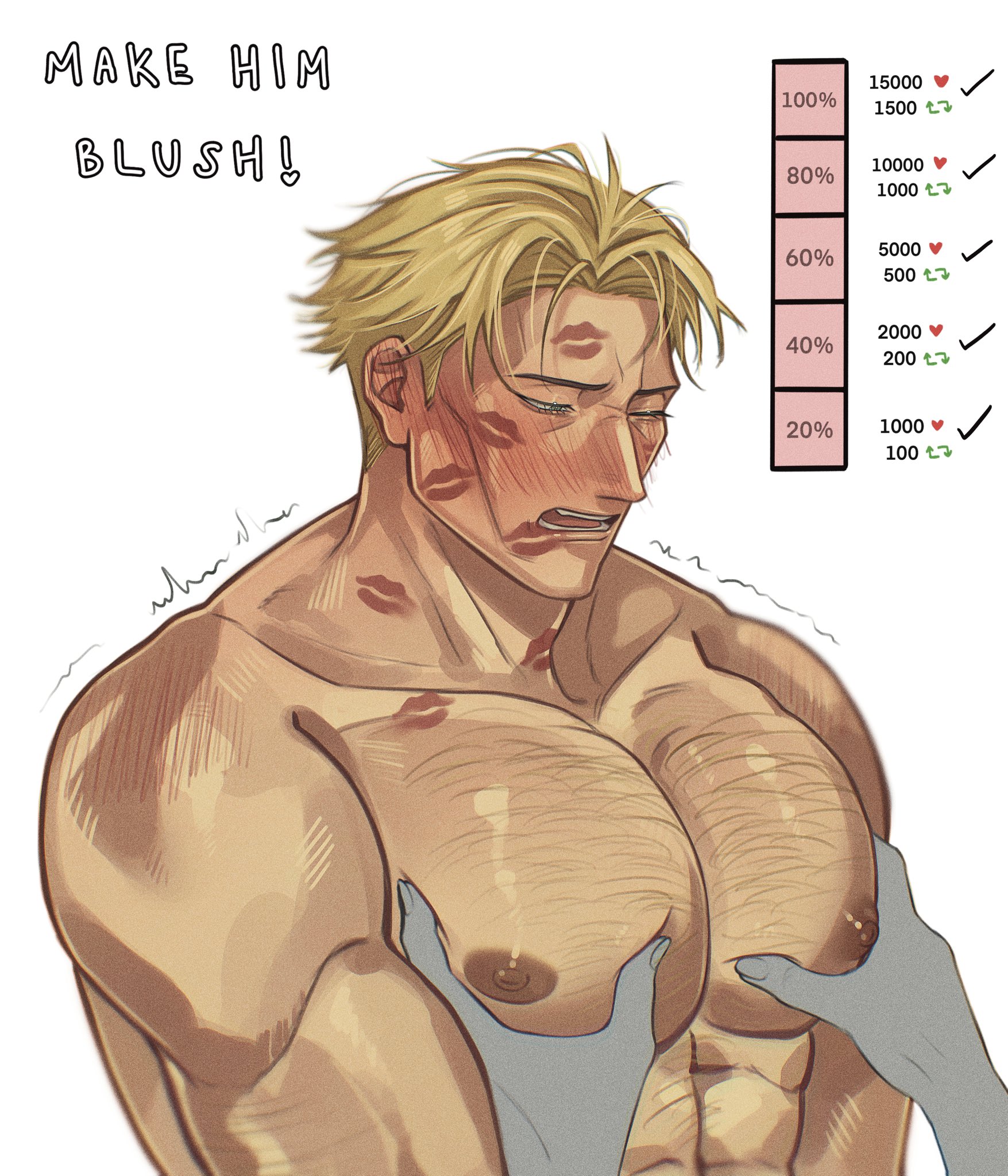 abs, artist challenge, bara, big areola, big chest, blonde hair, blush, breasts, hairy, hairy chest, hairy male, jujutsu kaisen, kento nanami, lipstick mark, lipstick mark on face, lipstick marks, male, male only, muscular, muscular male, narutoss.ramen, one eye closed, shirtless, squeezing breast, white background, yaoi