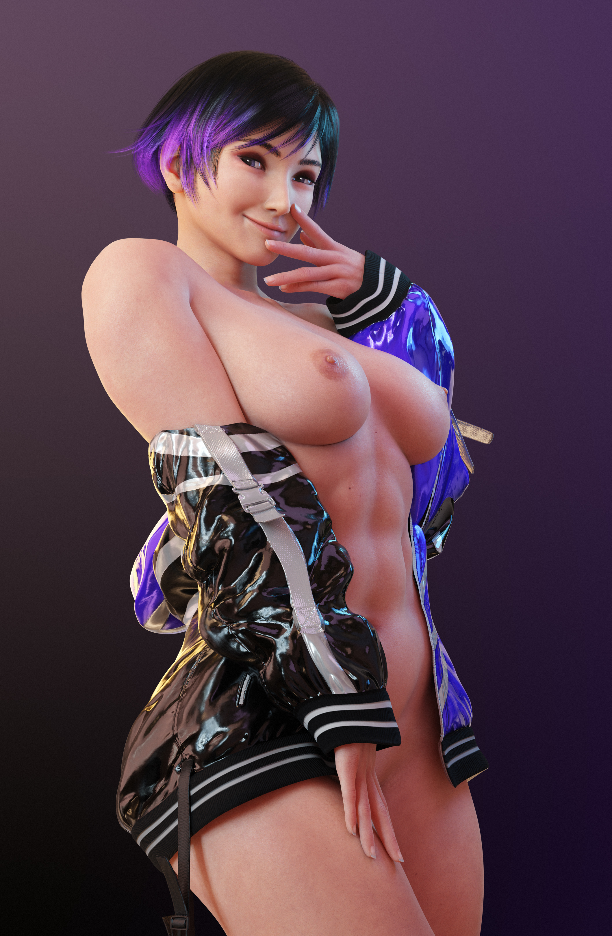 1girls, 3d, abs, asian, asian female, athletic, athletic female, batesz, big breasts, black and purple hair, breasts, busty, dark hair, female, female abs, female only, fit, fit female, jacket, large breasts, multicolored hair, namco, nipples, purple hair, reina mishima, short hair, solo, tekken, tekken 8, thick, thick thighs, thighs, tomboy, toned, toned female